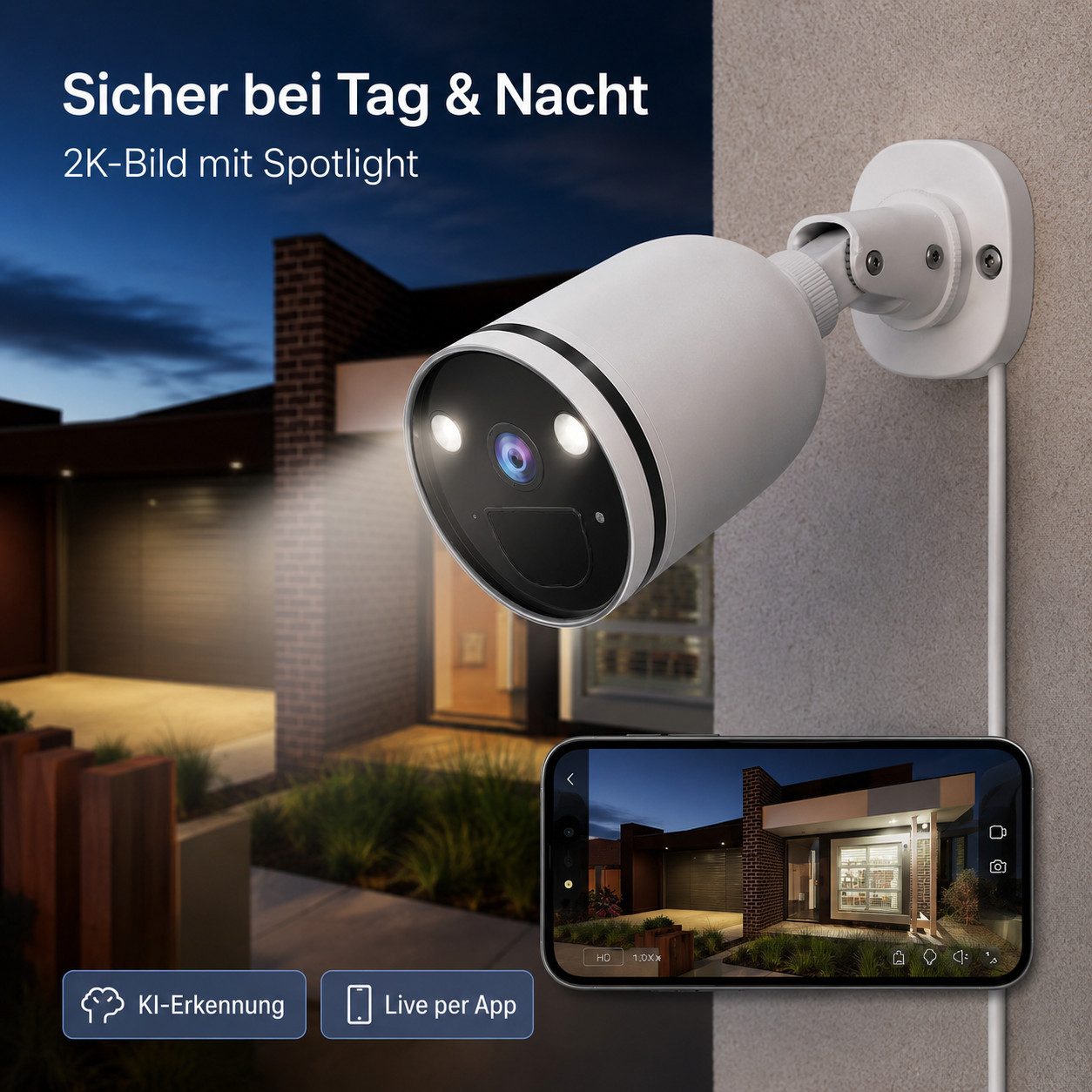 Winees Überwachungskamera (Außenbereich, Intelligente Erkennung, Nachtsicht und Einfache Installation, 1-tlg., 2.4/5GHz 4MP 2K WLAN, mit Spotlight)