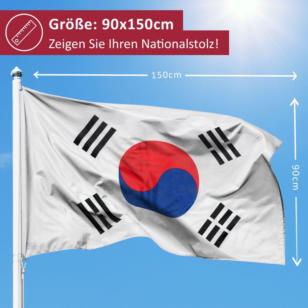 PHENO FLAGS Flagge Südkorea Flagge 90 x 150 cm Süd Korea Fahne Südkoreanische (Hissflagge für Fahnenmast), Inkl. 2 Messing Ösen