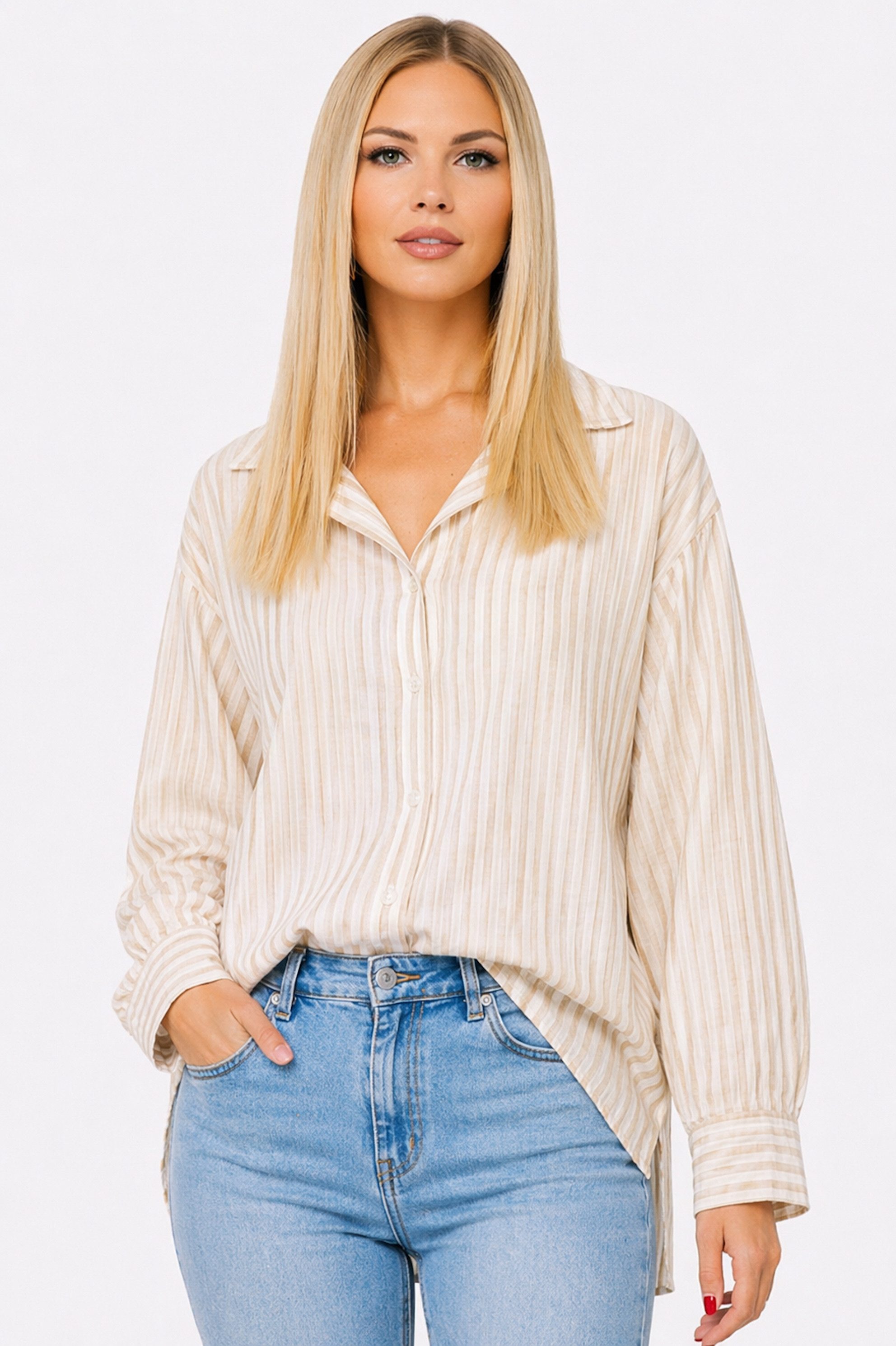 Worldclassca Hemdbluse Worldclassca Oversized Streifenbluse Leinenoptik Langarm Sommer Neue Kollektion - Stilvolle und gemütliche Sommer Mode für Damen