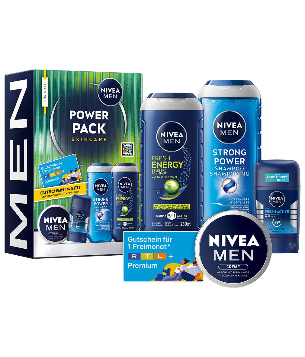 Nivea Men Hautpflege-Set Power Pack 5 tlg. Geschenkset Duschgel Shampoo Deo Stick Gesichtscreme Set, 5-tlg., Geschenkset für Männer - Pflegeroutine für ihn.