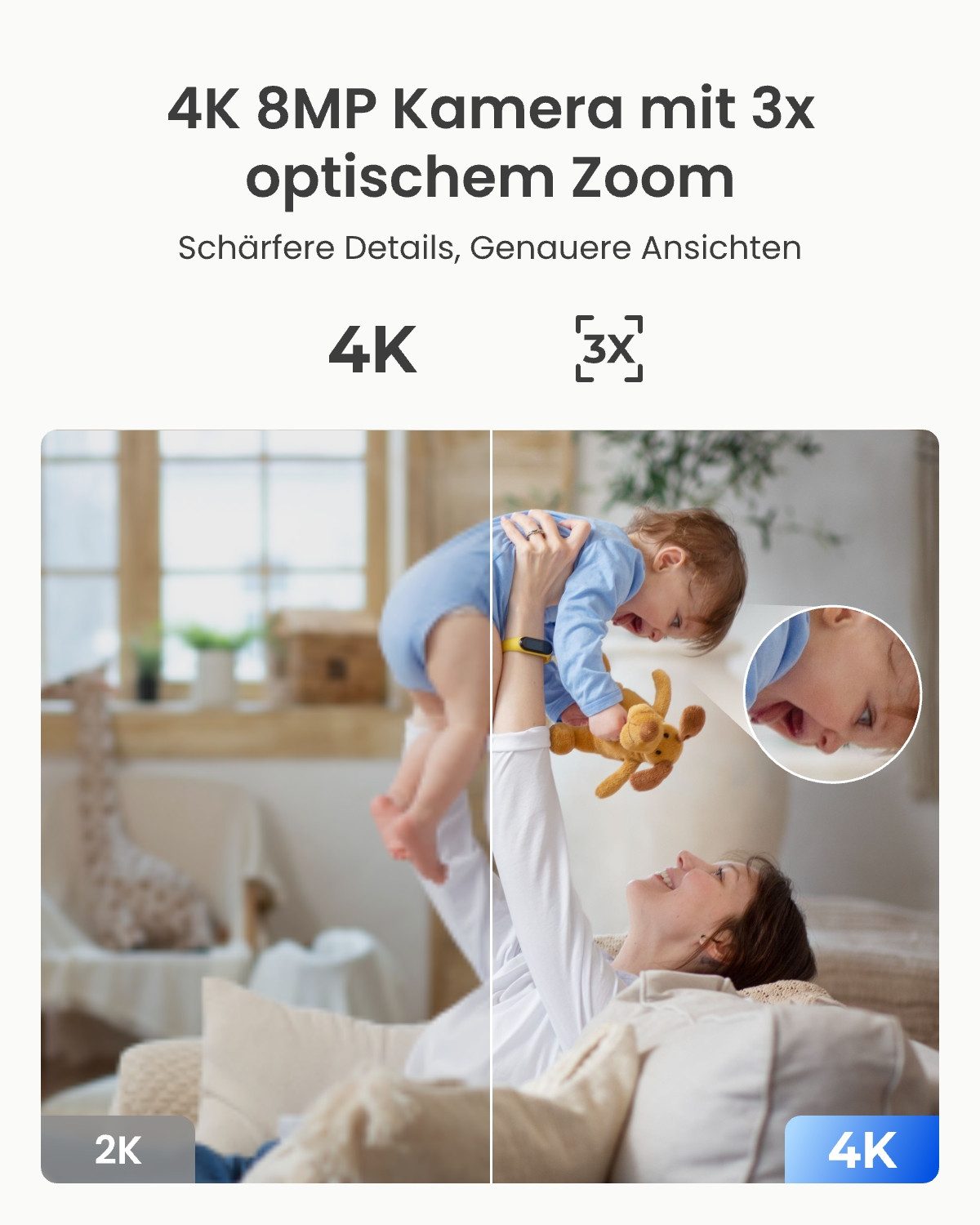 Reolink Überwachungskamera E1-Zoom 8MP 4K PTZ WLAN IP (Innenbereich, 3X Optischem Zoom, 2,4/5,0 GHz WiFi, Babyweinerkennung, 2-Wege-Audio)