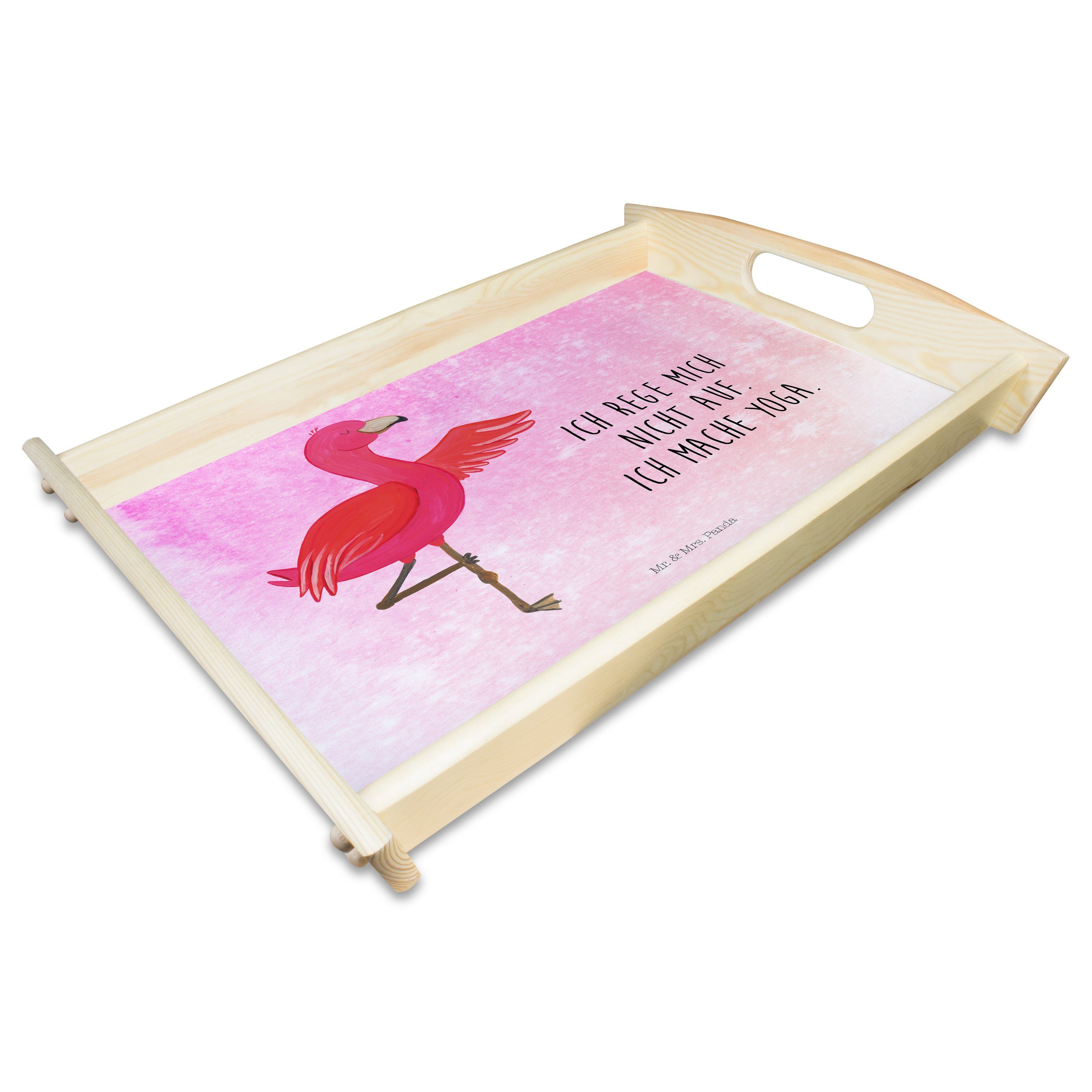 - & Mr. Panda Tablett Flamingo Echtholz Mrs. Acht, Geschenk, Dekotablett, Pink (1-tlg) Aquarell Aufregen, - Yoga lasiert,