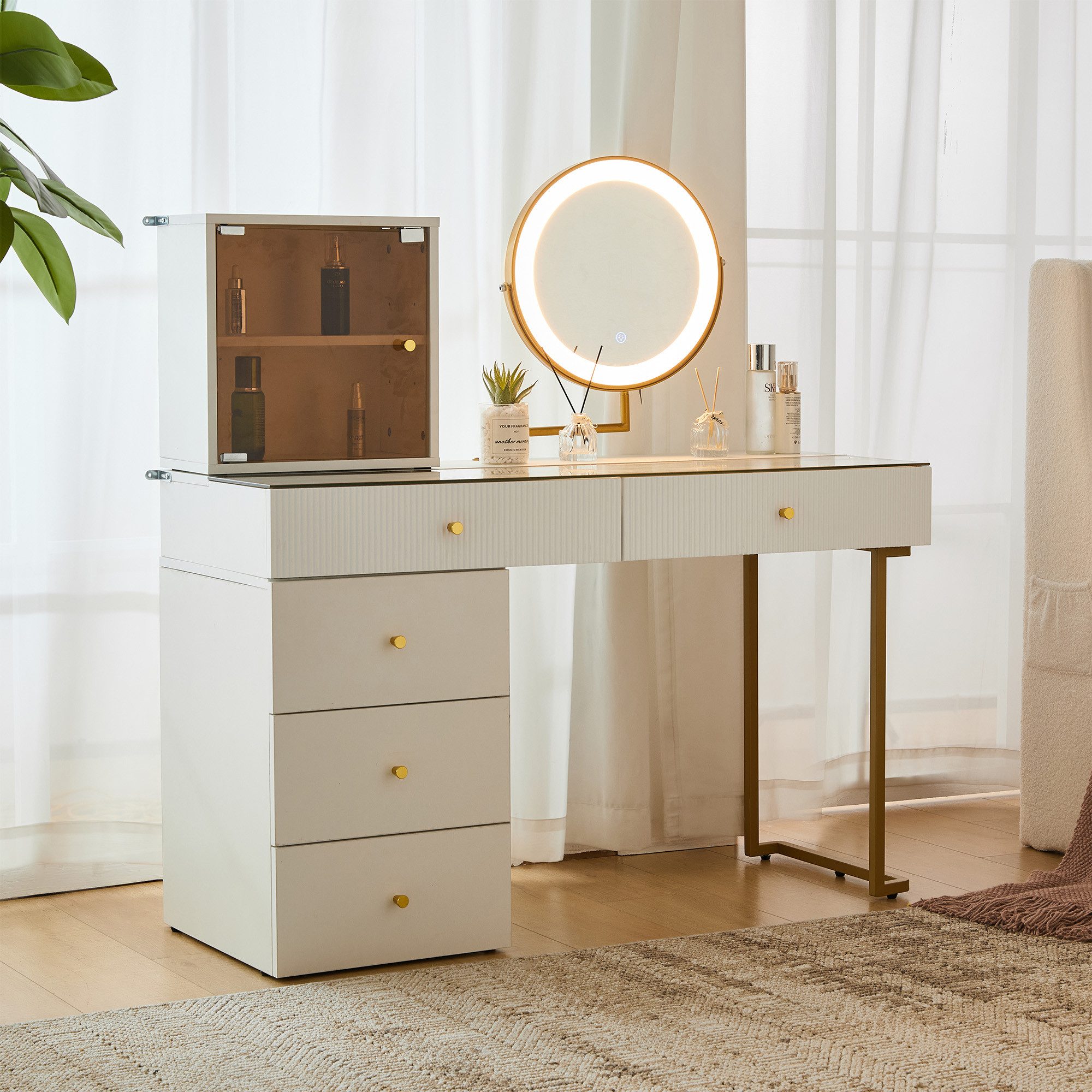 REDOM Schminktisch luxuriöser Frisiertisch für moderne Schlafzimmer (Frisiertisch mit Schubladen und Kommode, 1-St., ohne Hocker, 120*45*115 cm), mit 3-farbigen LED-beleuchtetem Spiegel, transparenter Tischplatte
