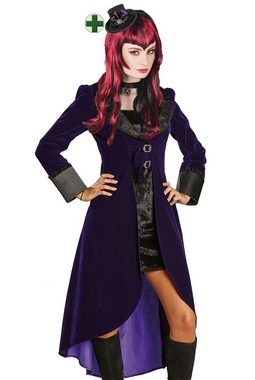 Karneval-Klamotten Kostüm Frack schwarz lila mit Kleid und Mini Hut, Komplettkostüm Damenkostüm Jacke mit kurzes ärmelloses Kleid und Hut