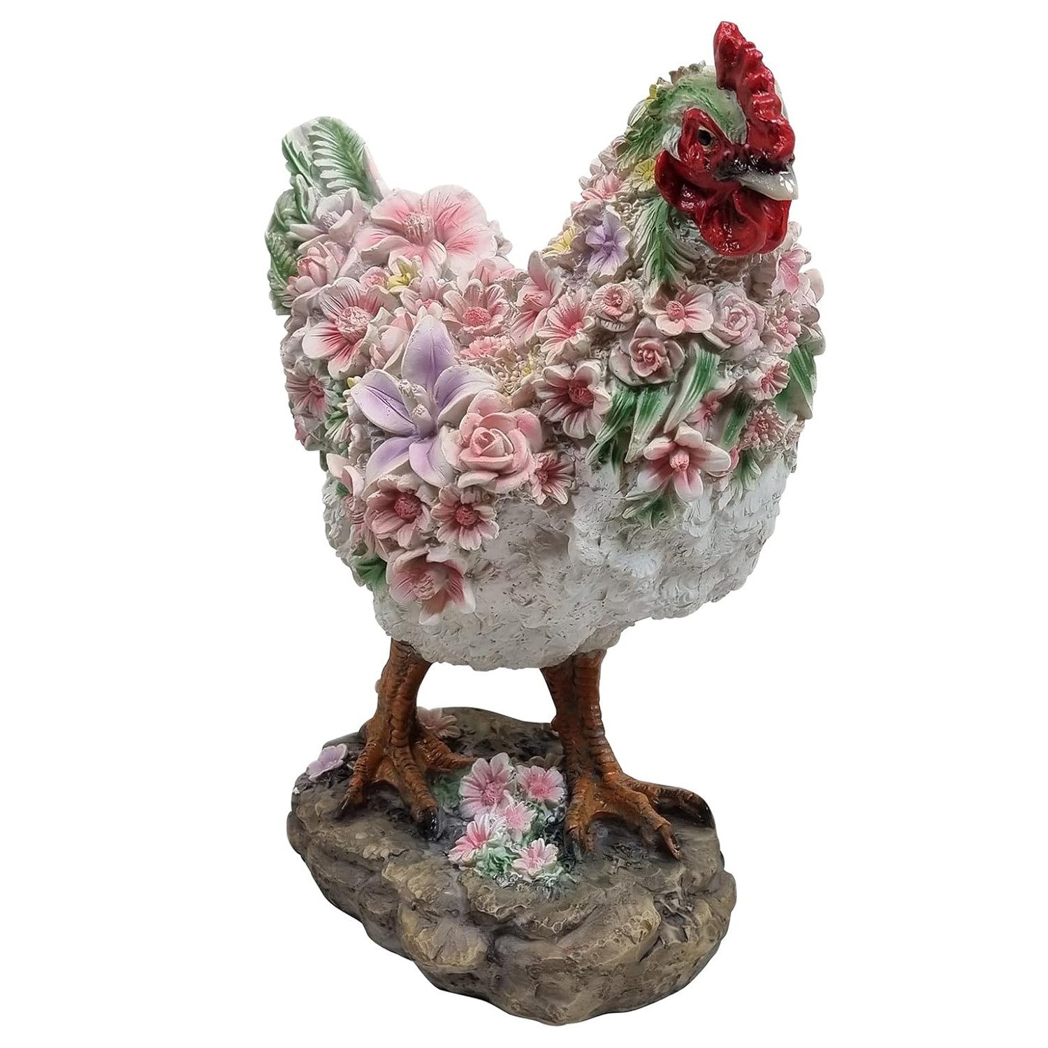 Tierfigur Huhn mit Blumendekor stehend Henne Tierfigur Gartenfigur