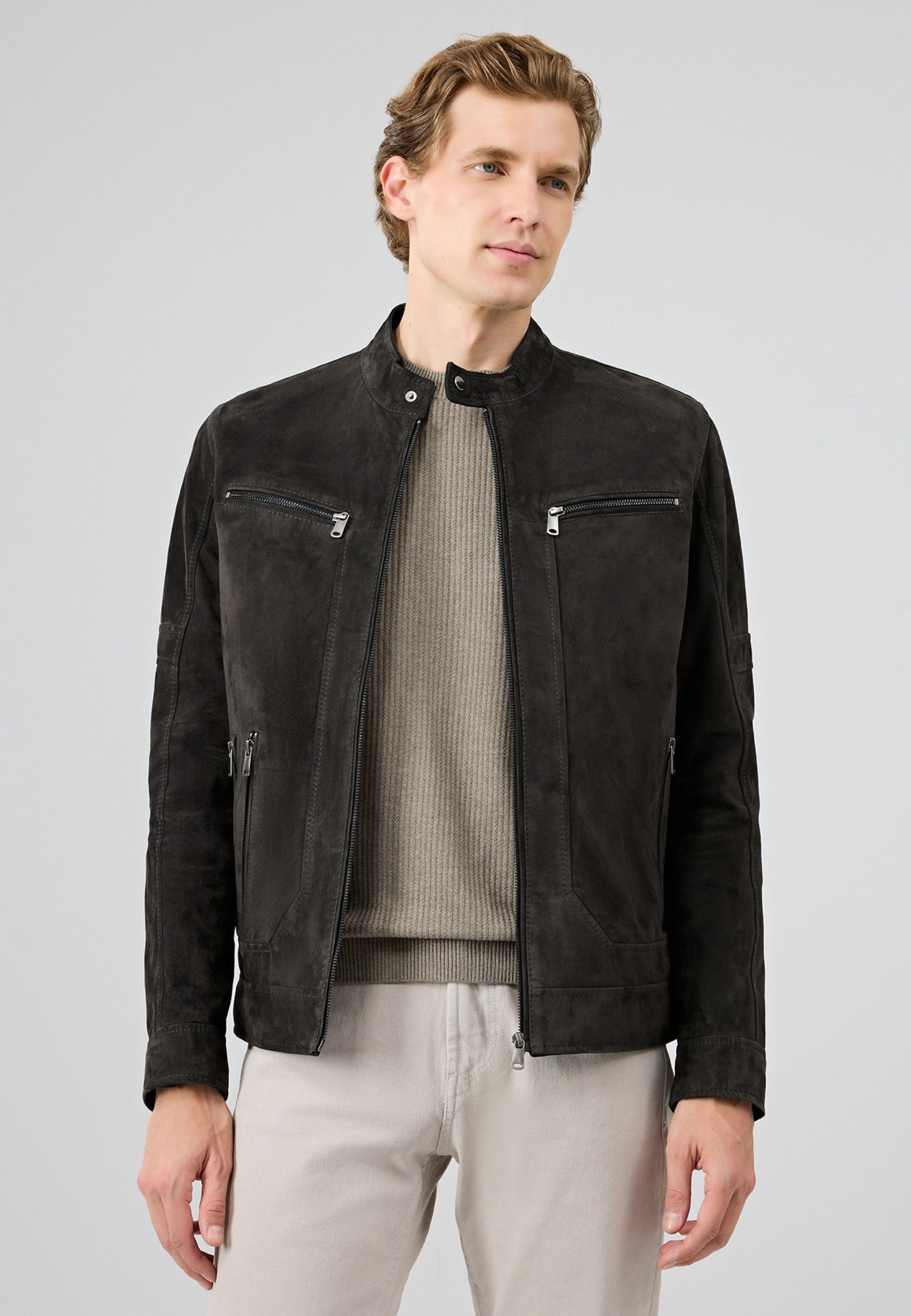 Derimod Lederjacke Patrick Wildlederjacke Regular Fit, Reißverschluss, Stehkragen, Kurz, Textilfutter