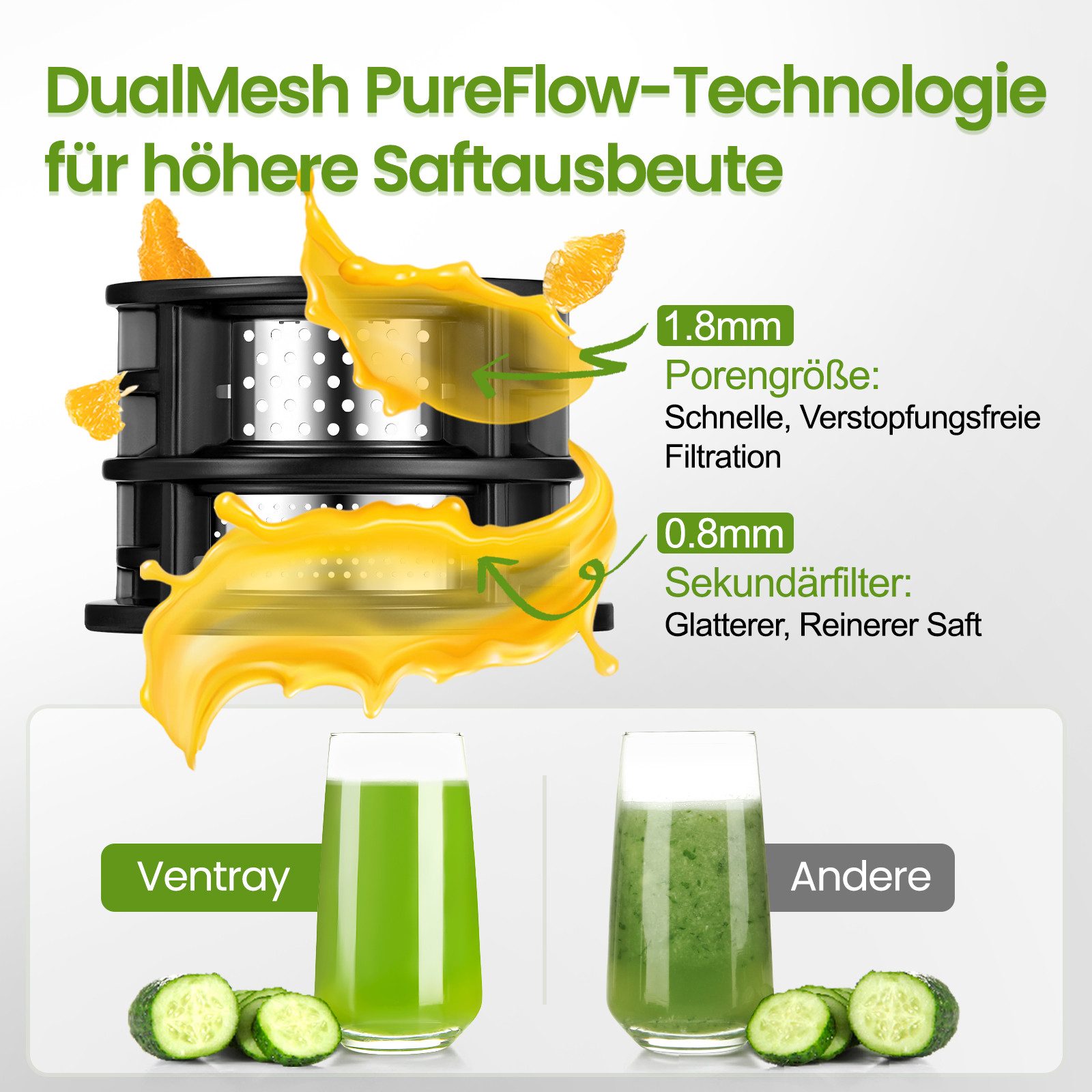 VENTRAY Slow Juicer Entsafter 120mm Große Einfüllöffnung, Für Obst und Gemüse, 250 W, Kaltpress-Technologie, Leicht Rein, doppeltes Filtersystem, BPA-frei – Bild 5 von 5