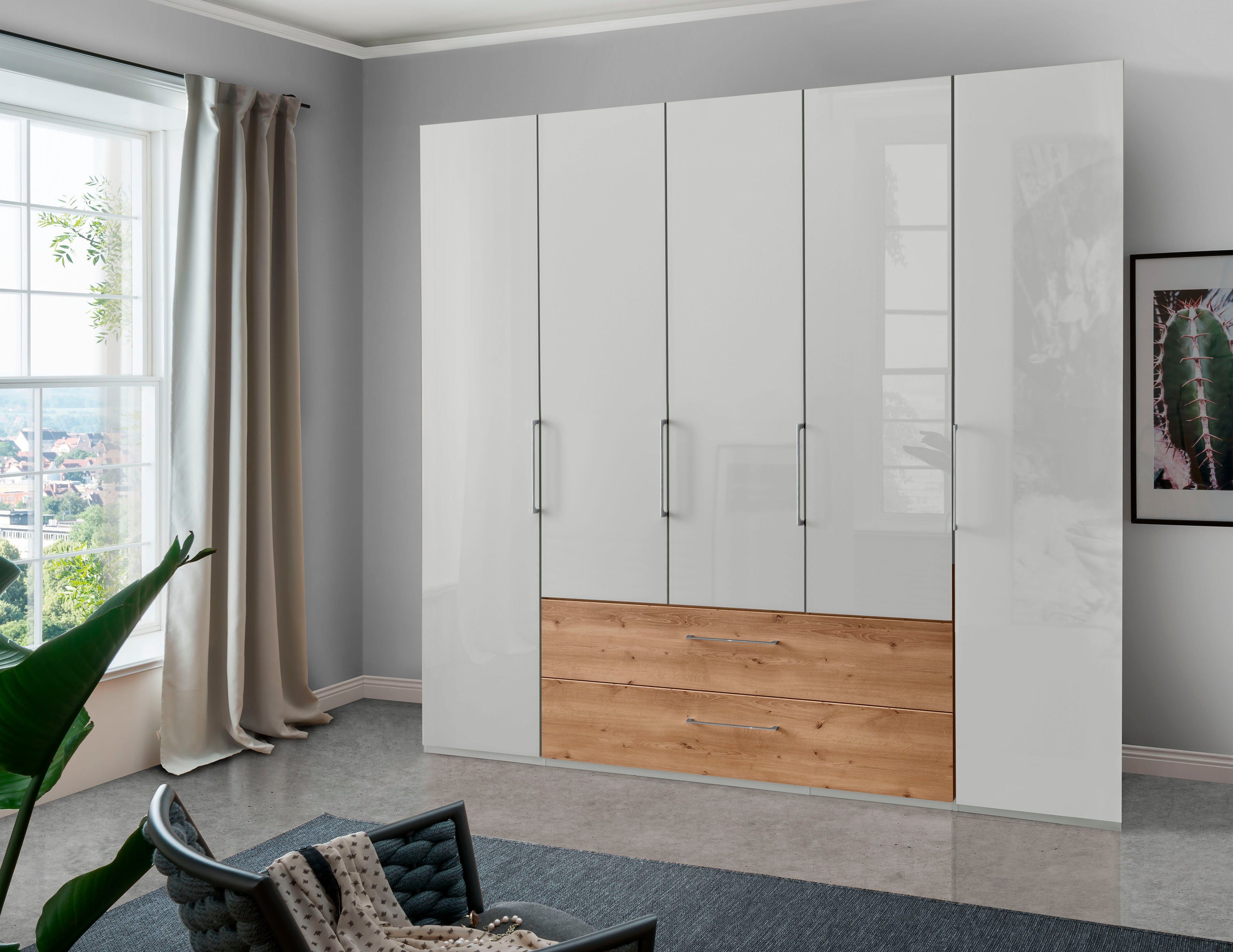 Weiß/Glas inkl. im Schubkästen Glasfront Holzfarbton Metz Chrom Weiß/Bianco-Eiche-Nachbildung/Griffe: hochwertige WIEMANN Kleiderschrank