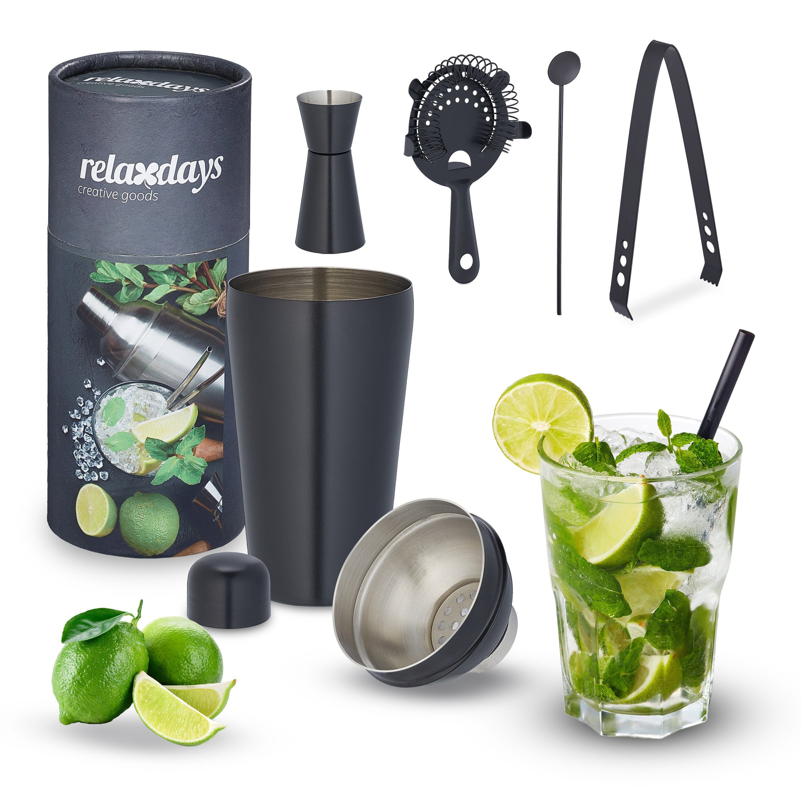 relaxdays Cocktail Shaker 5-teiliges Cocktail Shaker Set, Edelstahl, Schwarz