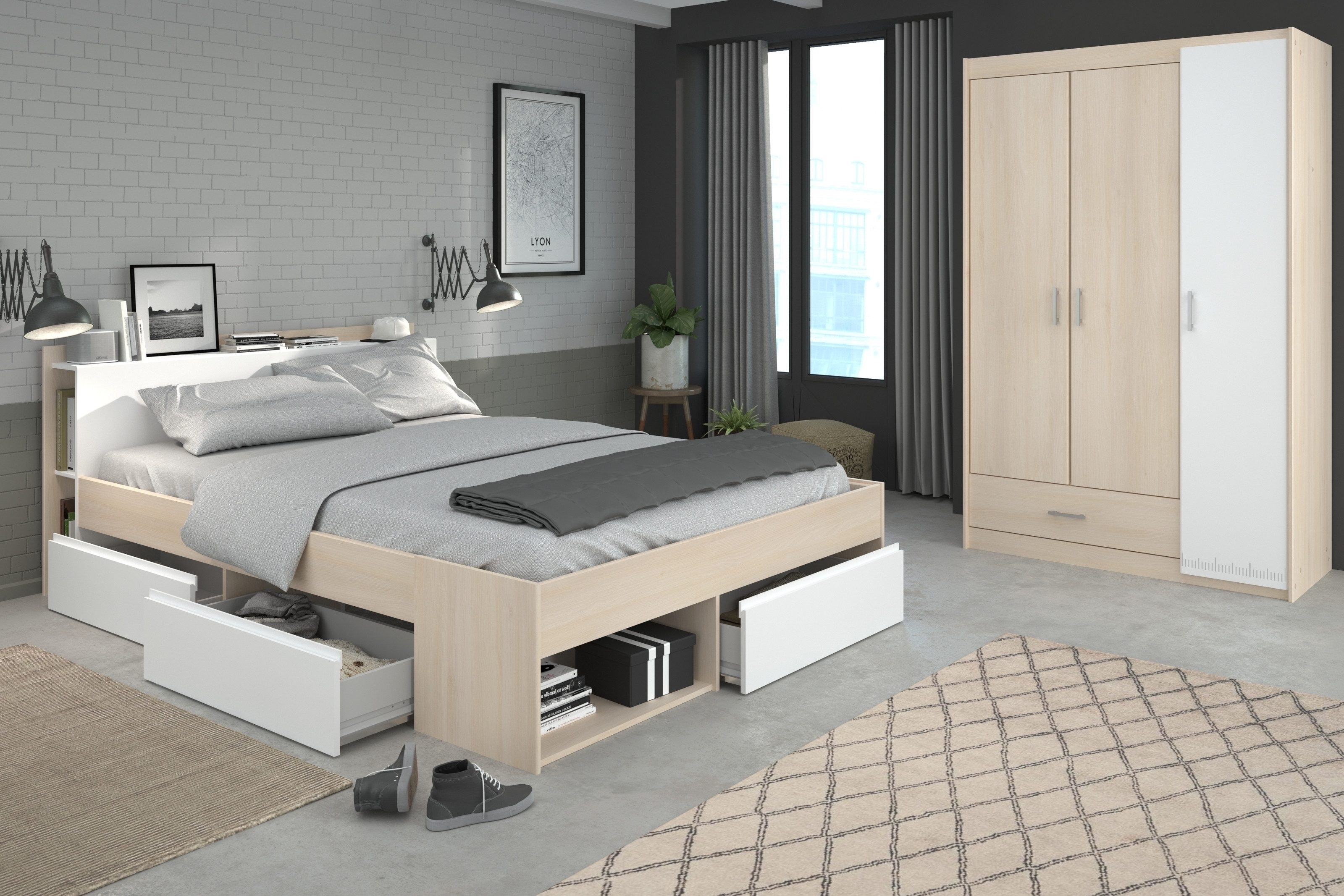 Parisot Jugendzimmer-Set Most 72, Stauraumbett, Kleiderschrank, in Akazie Dekor / Weiß