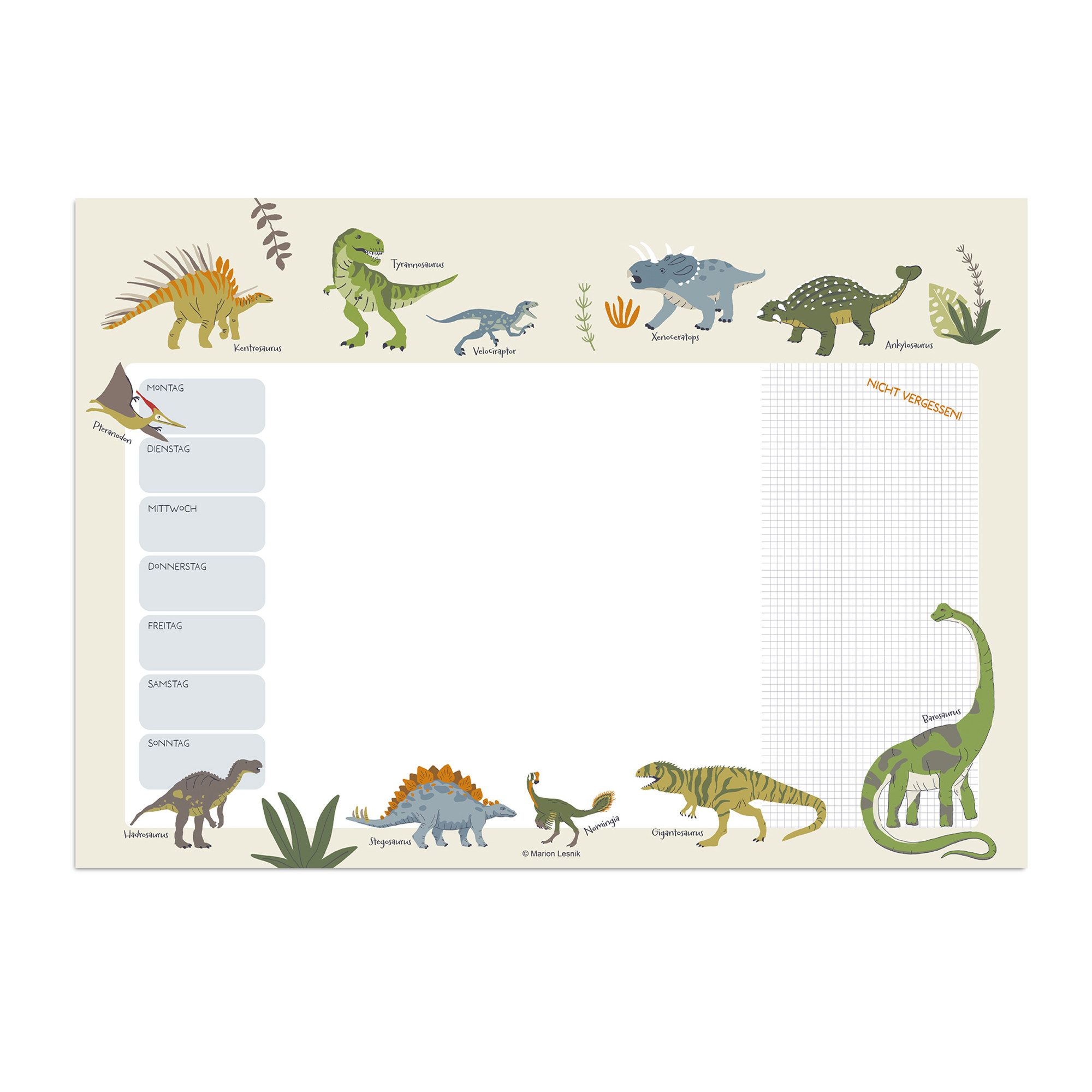 scriptum Schreibtischunterlage für Kinder - „Dino“ - Wochenplaner 25 Blatt aus Premiumpapier, (1 tlg., 25 Blatt hochwertiges Premiumpapier)
