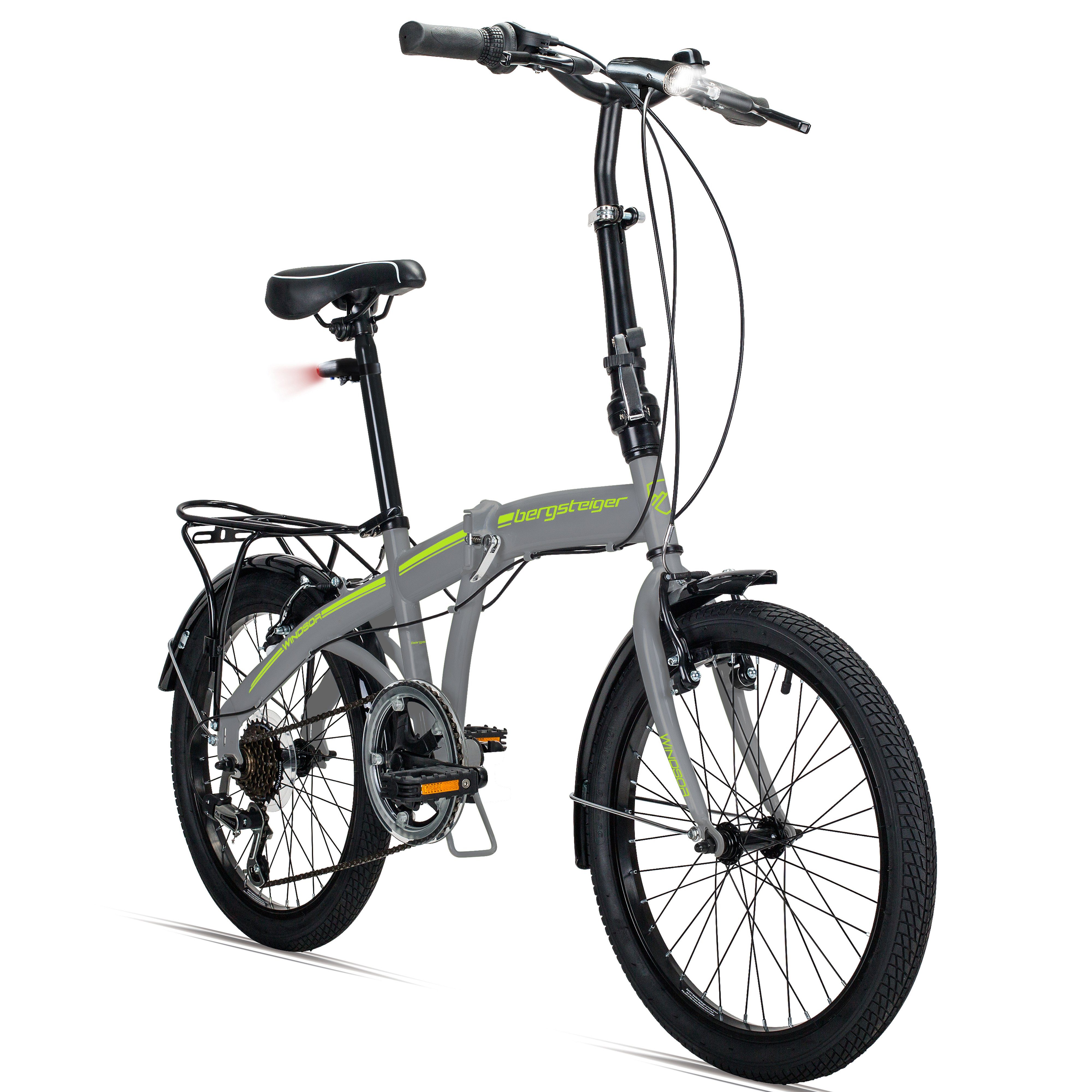 bergsteiger Faltrad Windsor 20 Zoll, Klapprad, Shimano 6 Gang-Schaltung, Damen, Herren, 6 Gang Shimano Tourney RD-TY21 Schaltwerk, Kettenschaltung, V-Bremsen