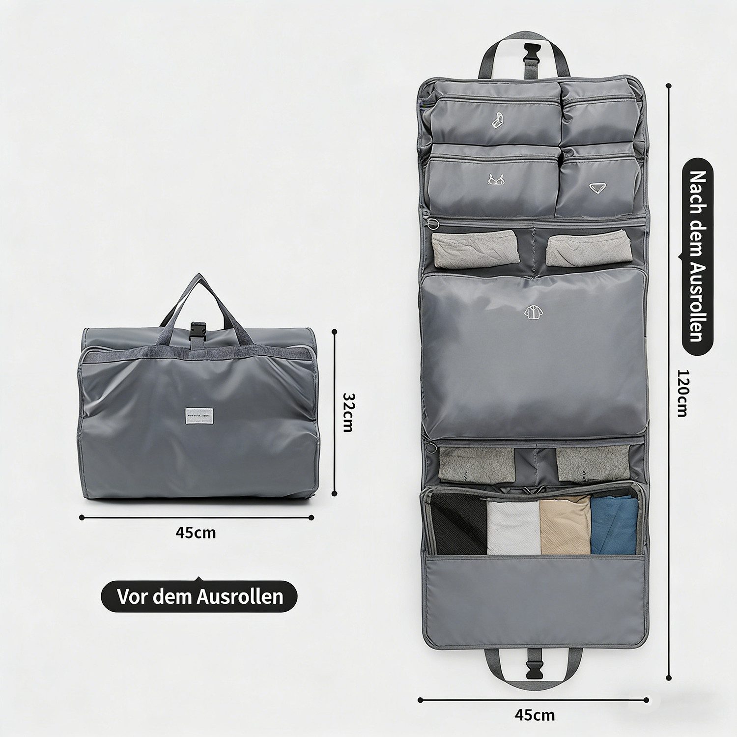 wohnTRAUM24 Reisetasche 10-in-1 Hängende Reise-Organizer-Tasche mit wasserdichten Fächern (1-tlg., Größe vor dem Aufklappen: 45 x 32 cm), Packtaschen für koffer, mit 10 einfarbigen Taschen