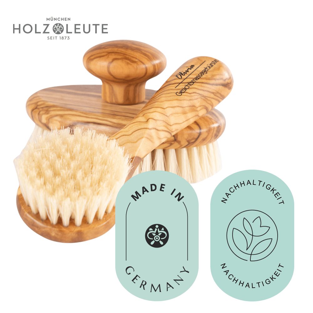 Holz-Leute Körperbürste Set Body und Gesicht Olivenholz, Set, 2-tlg., zur Trocken- und Nassmassage, Massagebürste, Gesichtsbürste