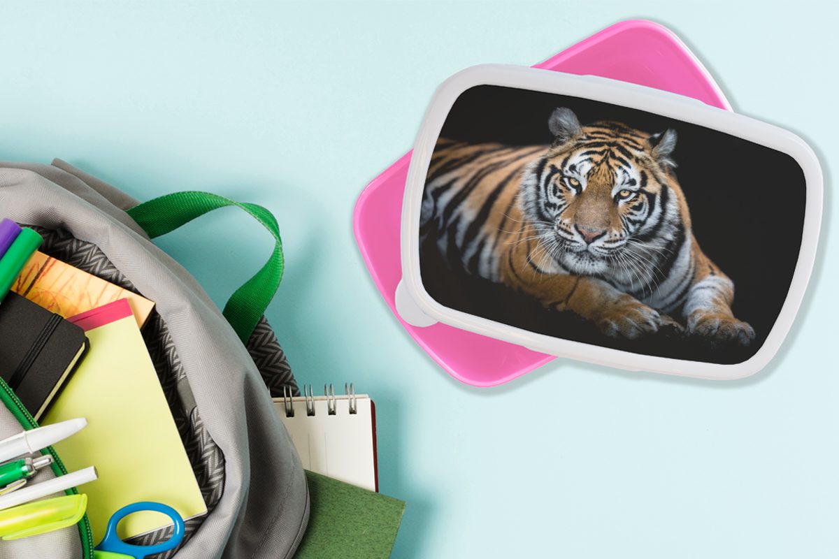 Porträt Schwarz, rosa Tiger für - Brotbox Snackbox, Lunchbox MuchoWow - Kunststoff, Mädchen, Erwachsene, Kunststoff Kinder, Brotdose (2-tlg),