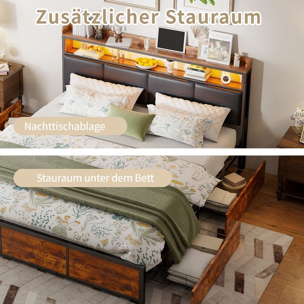 Simurq Polsterbett Metallbett mit LED-Beleuchtung Doppelbett mit Schubladen 140x200 cm (Bettgestell mit 4 Schubladen und Kopfteil), Jugendbett Stauraumbett mit  – Bild 5 von 5