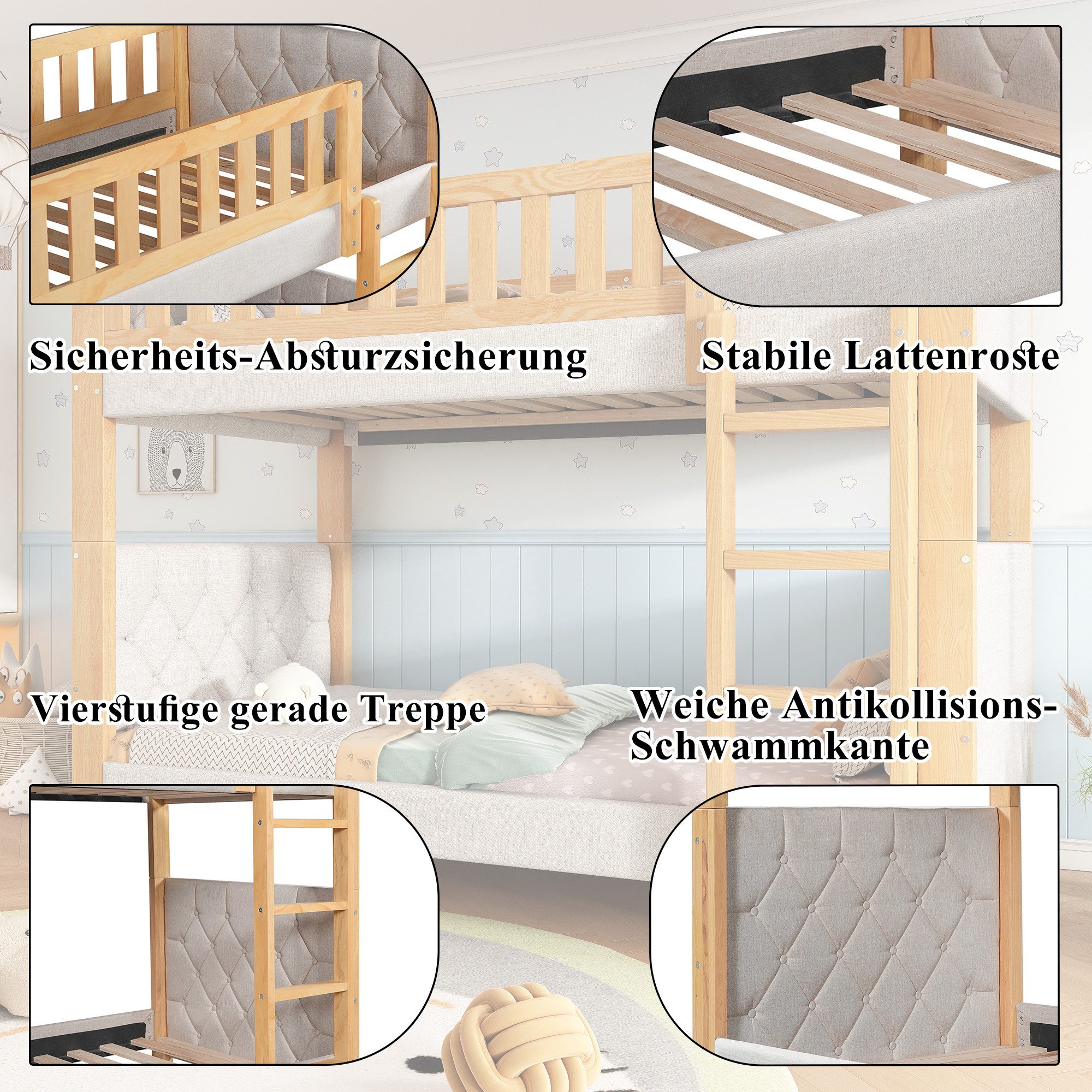 Flieks Bunk Bed, Children's Bed 90x200cm with Anti-Collision Sponge Edge and Fall Protection