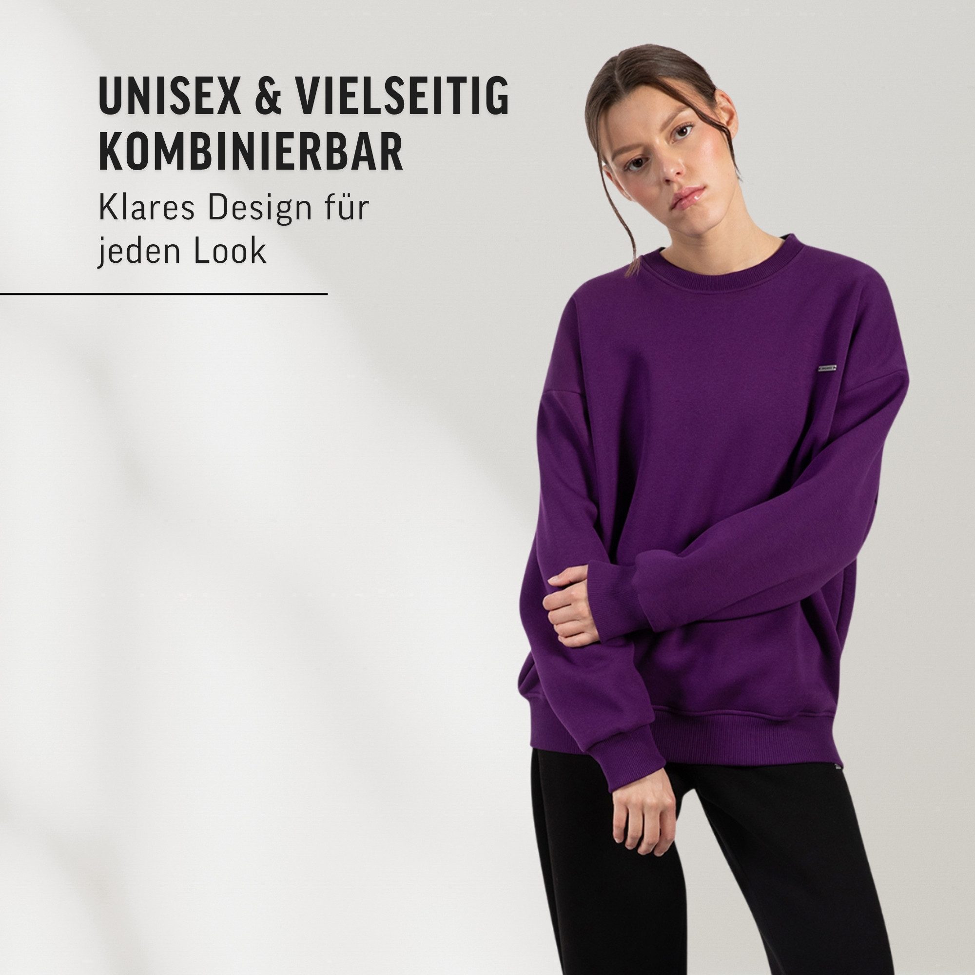Smilodox Sweatshirt Unisex Riven, Oversize Fit Pulli mit Graviertem Metalllabel Rundhals Langarmshirt weiches Material Bequemes Tragegefühl Freizeit Gym