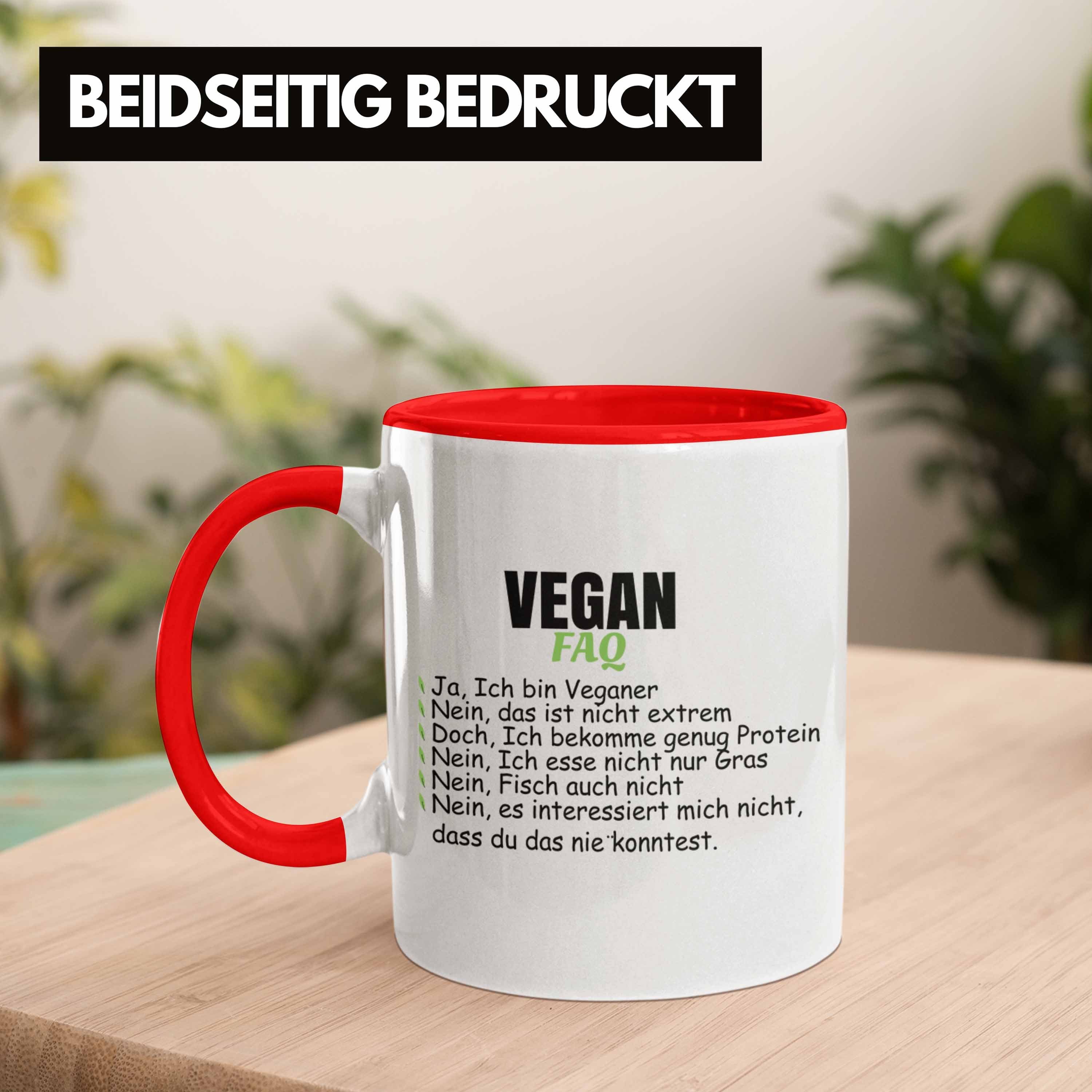 Trendation Tasse Trendation - Veganer Geschenkidee Vegane Lebensweise Spruch Spruch Lustiger Geschenk Rot Tasse FAQ Vegan