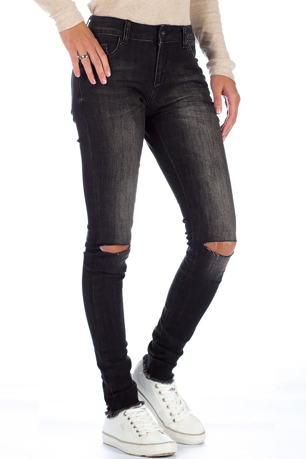 Cipo & Baxx 5-Pocket-Jeans Damen Slim Fit Jeans Stonewashed BA-19CB05 (1-tlg) mit Knielöchern und Ausgefranstem Saum – Bild 3 von 4
