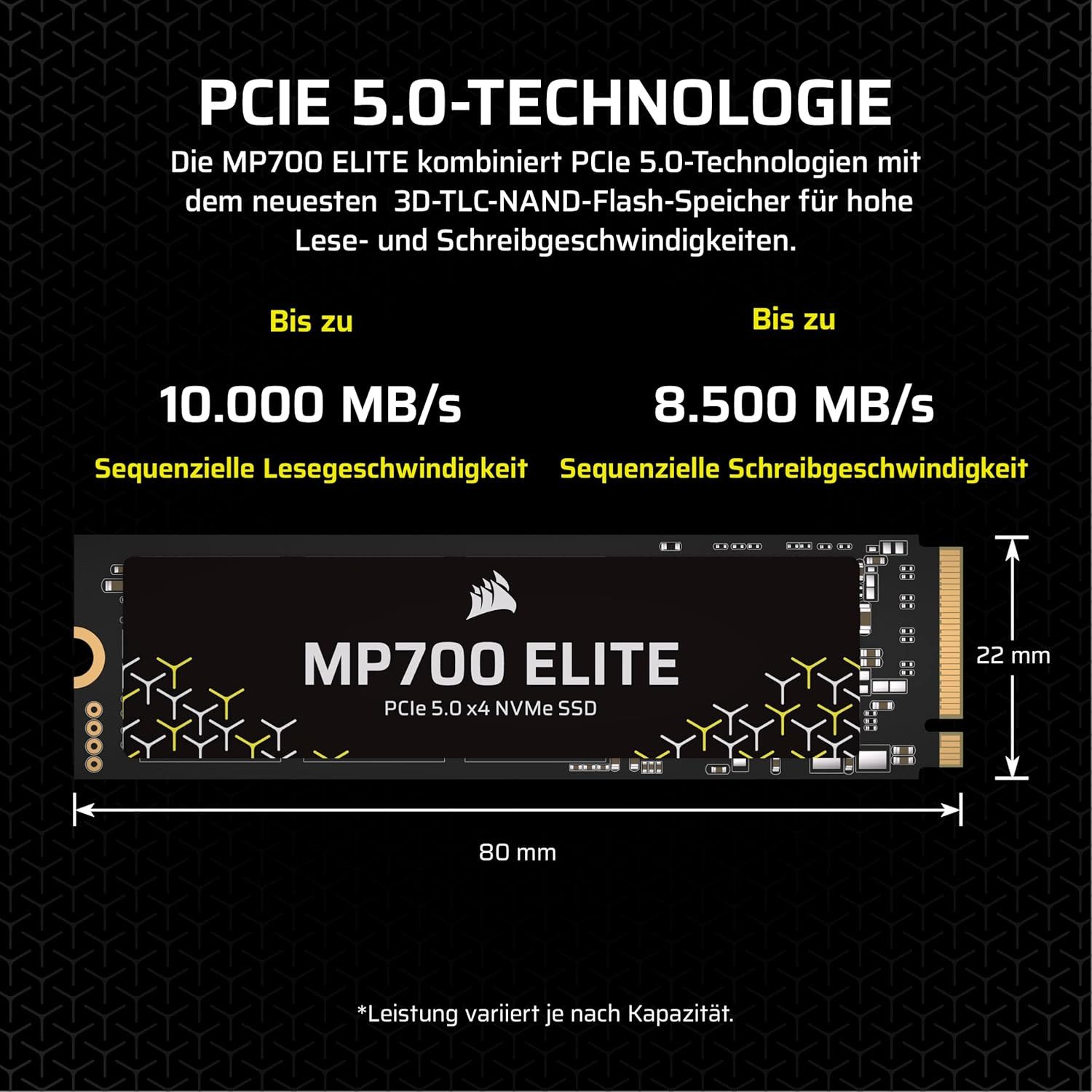 Corsair Corsair MP700 Elite 1TB PCIe 5.0 x4 NVMe M.2 SSD Bis zu 10,000MB/sec SSD-Festplatte