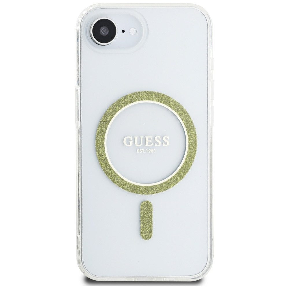 Guess Handyhülle Schutzhülle Magnethülle Glitzercase 6,1 Zoll, MagSafe-Magnetring, Glitzerdekor, erhöhte Kanten