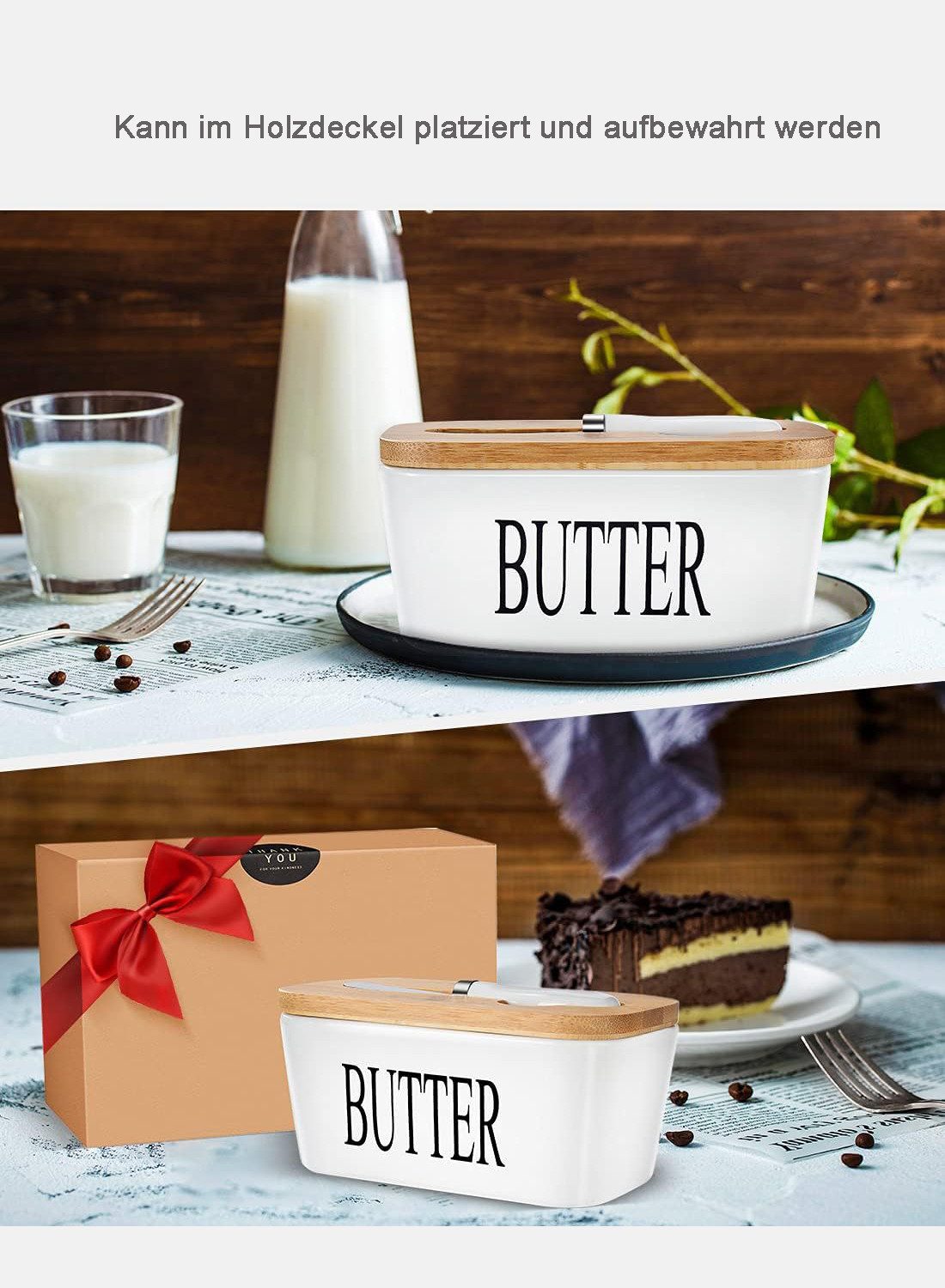 FANNOU Butterdose Große für 250g Butter mit Messer, Keramik Butterdosen, Double-Layer-Silikon-Dichtung Buttebox- Gute Küche Geschenk