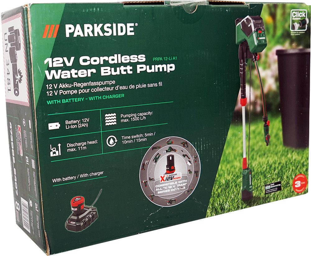 Parkside Regenfasspumpe 12V Akku Regen Fasspumpe PRPA 12 (inkl. Akku), Mobil ohne Stromnetzanschluss einsetzbar