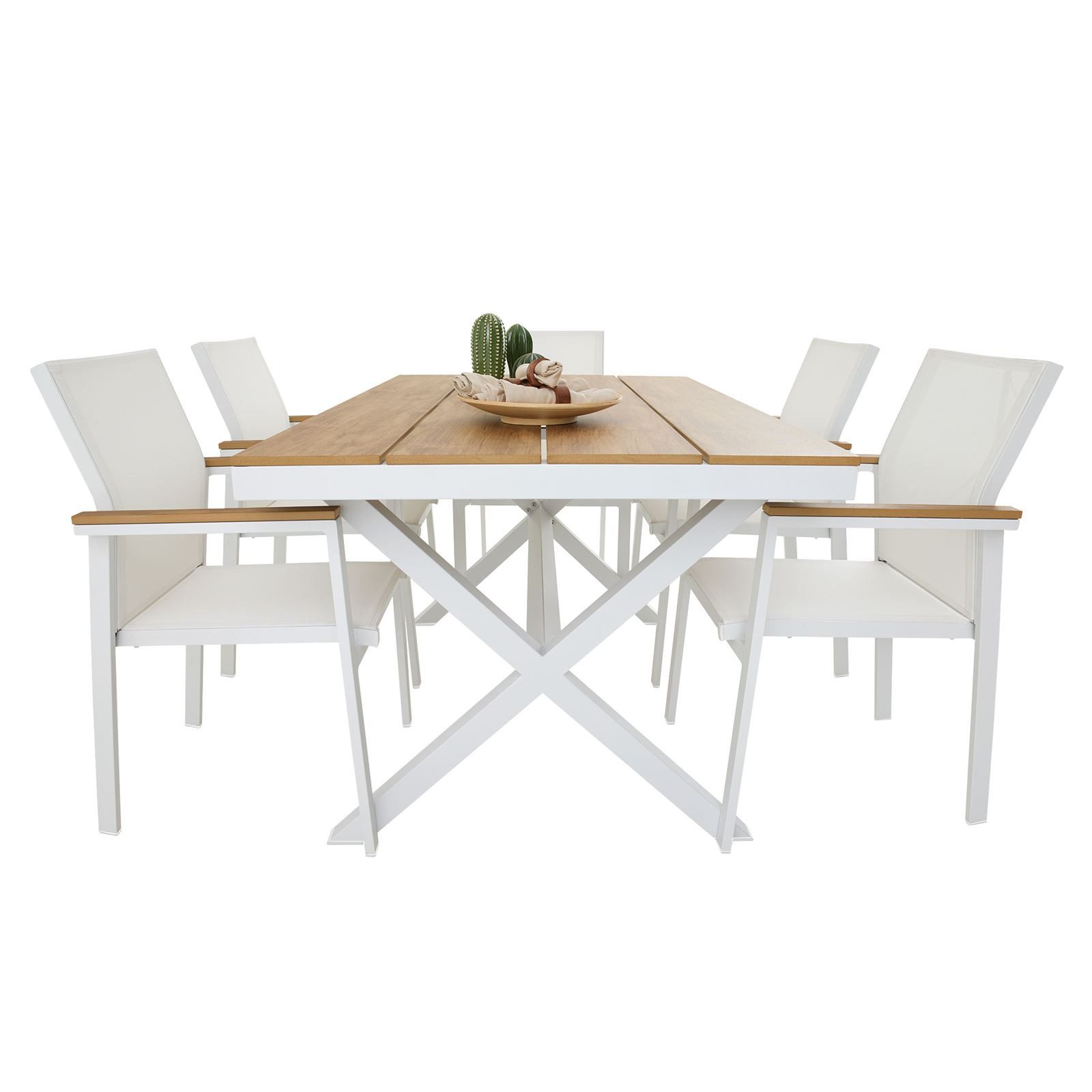 IDIMEX Garten-Essgruppe WINDY, (7-tlg), Gartenmöbel Set 6 Personen aus Alu und WPC wetterfest weiß/beige