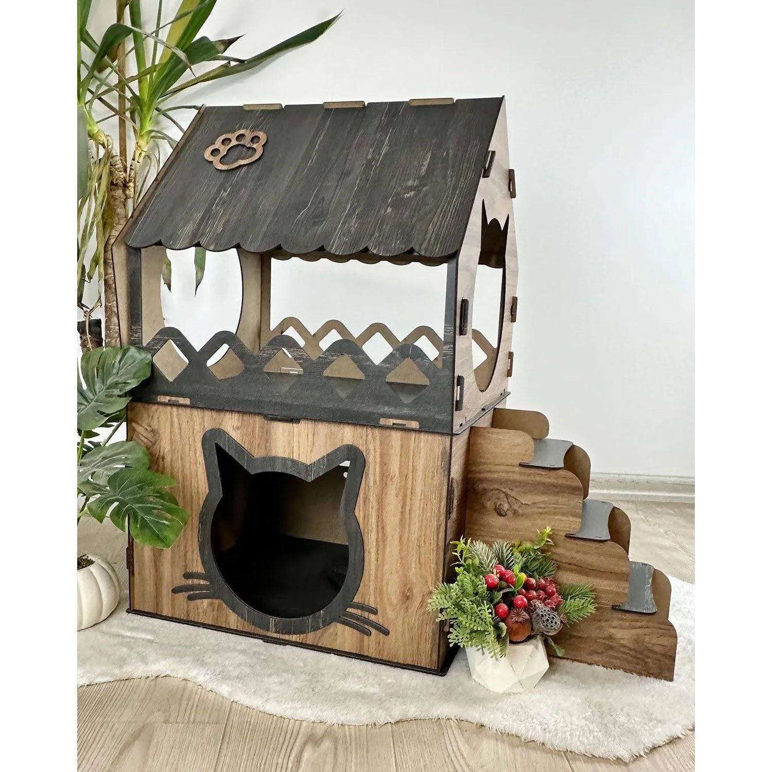 Jungengel Katzenliege XL Katzenhaus Katzenhäuschen Katzenhütte Katzenhöhle Katzenbett Holz, 2-Stöckig, Einfache Montage (mit Video), 68x42x35 cm, Stecksystem