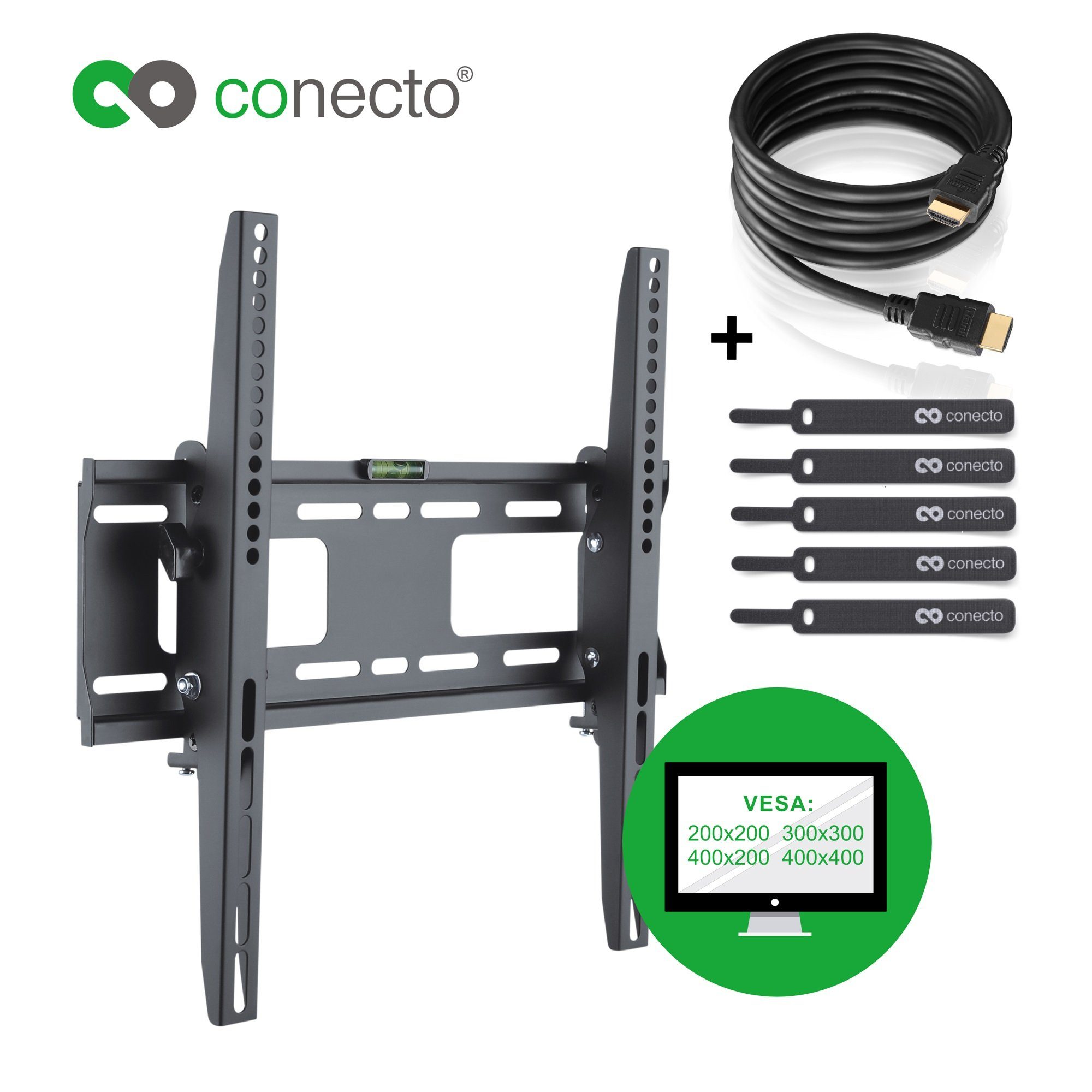 conecto TV-Wandhalterung TV Wandhalter für LCD LED Fernseher & Monitor, (bis 52 Zoll, inklusive HDMI-Kabel und Klett-Kabelbinder, neigbar)