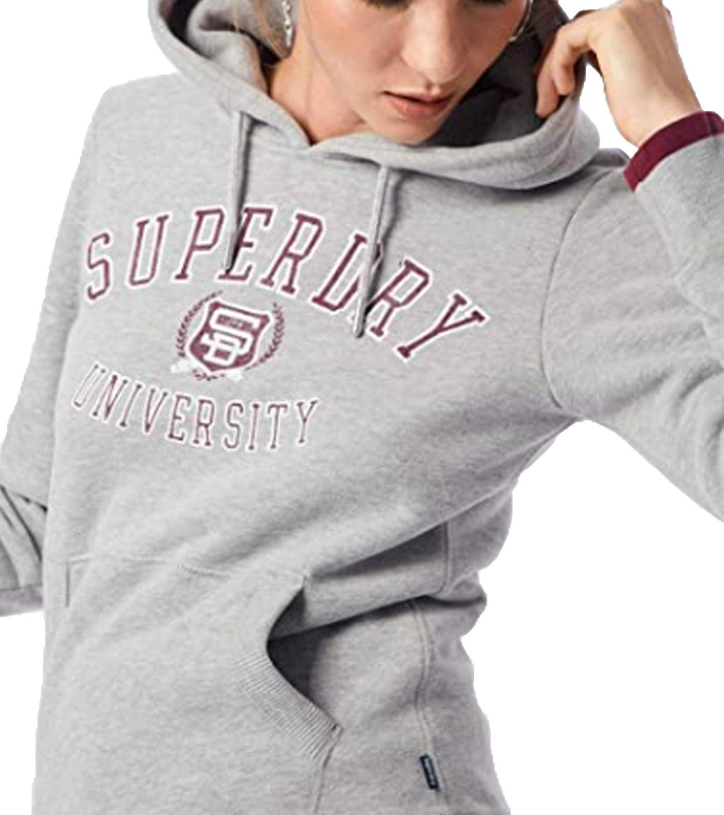 Superdry Rundhalspullover »Superdry Hoodie melierter Damen Kapuzen-Pullover  im College-Style Sweater Grau« online kaufen | OTTO