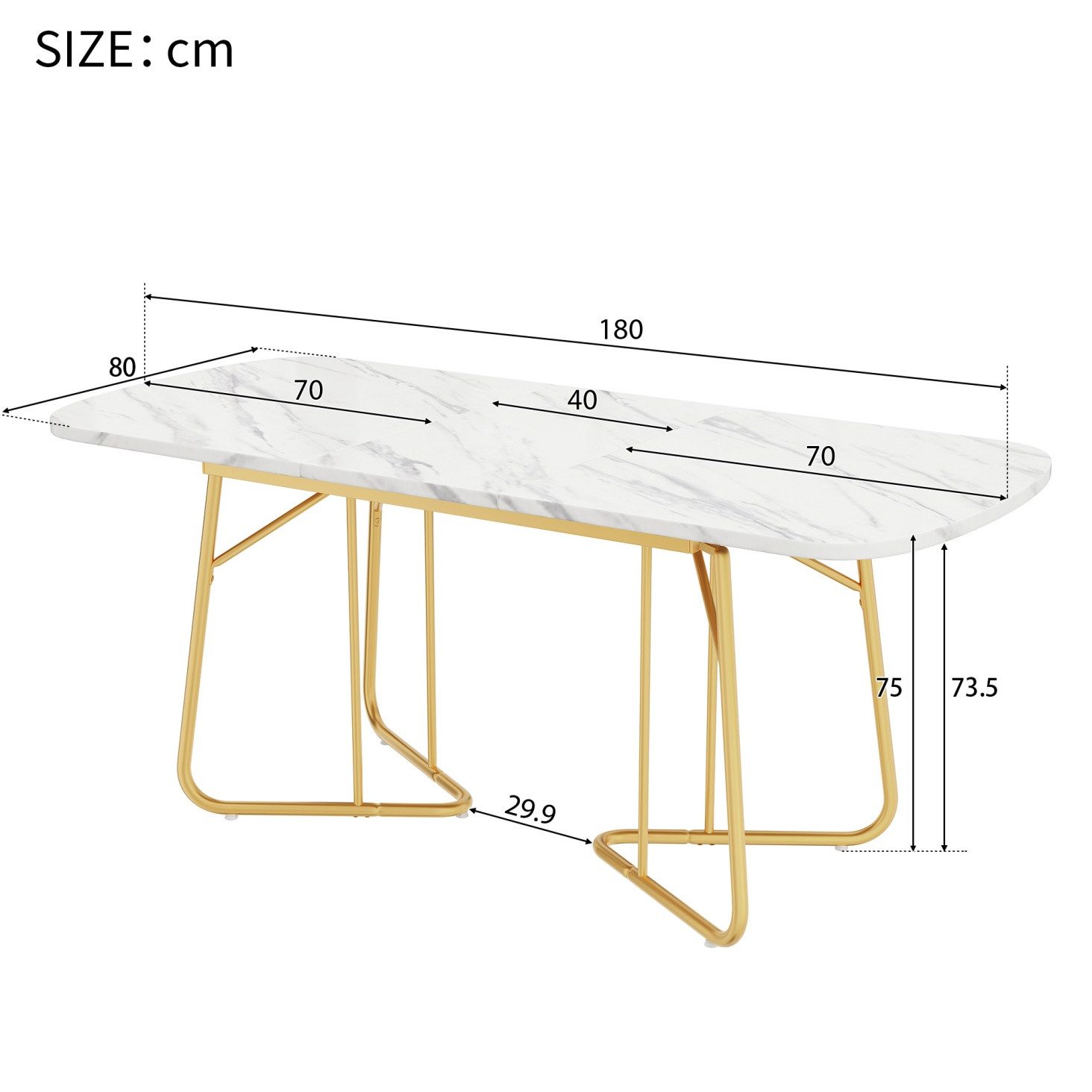 IDEASY Esstisch Erweiterbarer Esstisch Luxus-Design - 140-180x80cm für 4-6 Personen (1 Tisch), Hochwertiges MDF-Material, 60kg Tragkraft, goldfarbene Metallbeine