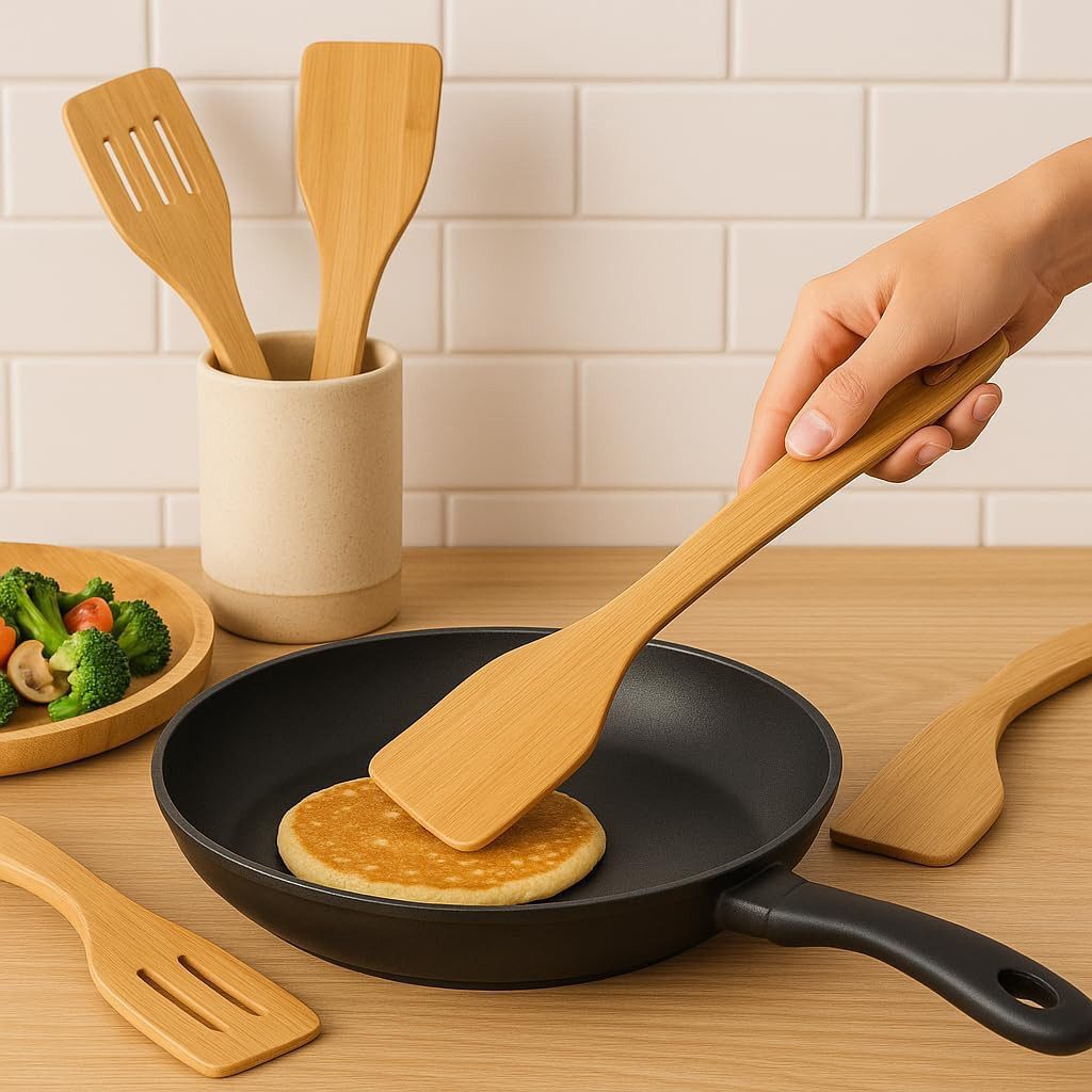 hausleben Pfannenwender Bambus Pfannenwender Set 2-teilig, 30 cm, Natürlich, robust & pfannenfreundlich – Bild 3 von 5