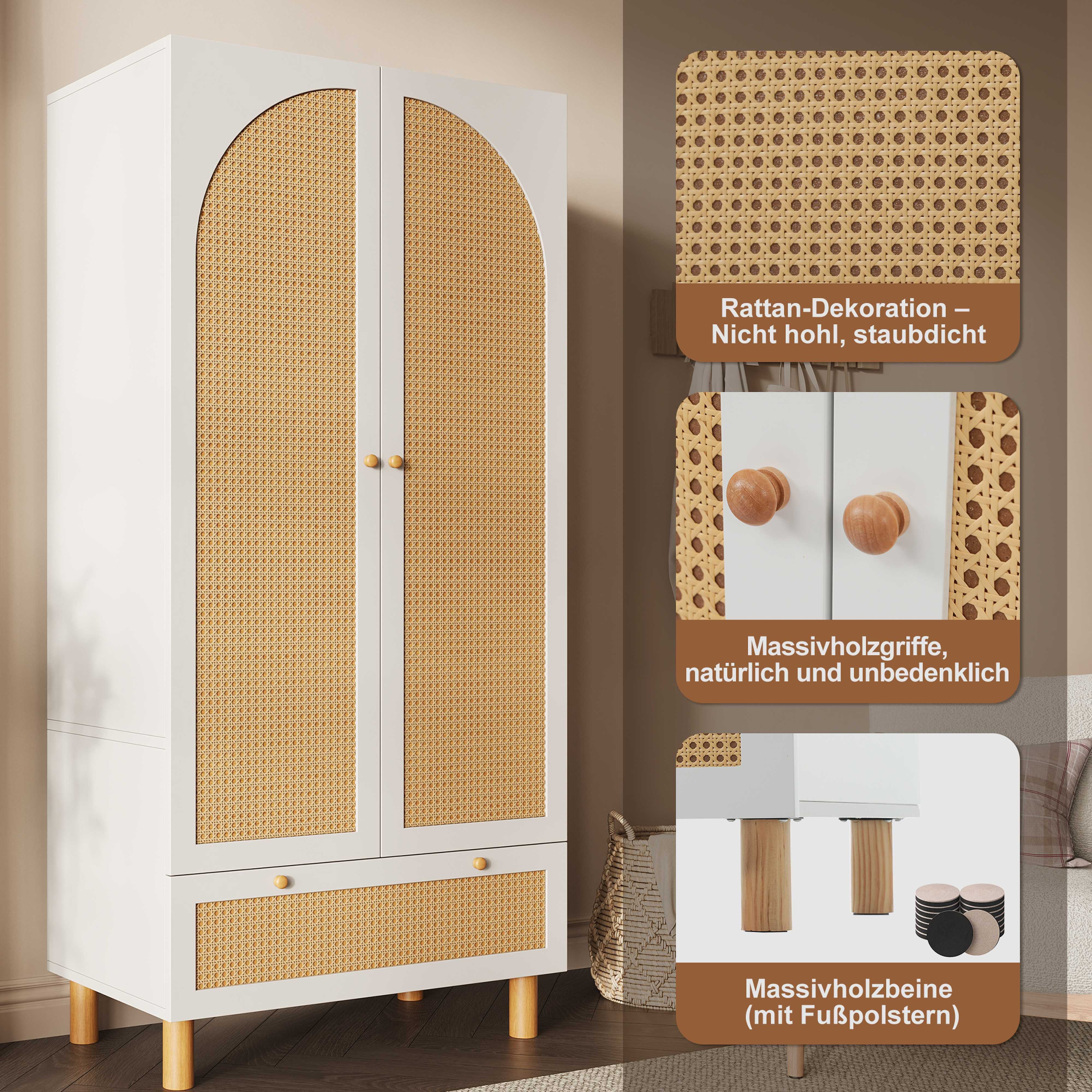 BlingBin Garderobenschrank Kleiderschrank garderobenschränke Flurschrank (1-St., mit großer Schublade,2 Türen,höhenverstellbaren Regalen,Kleiderstange) Rattan,Landhausstil,Kippsicherung,180x85x52 cm,Weiß