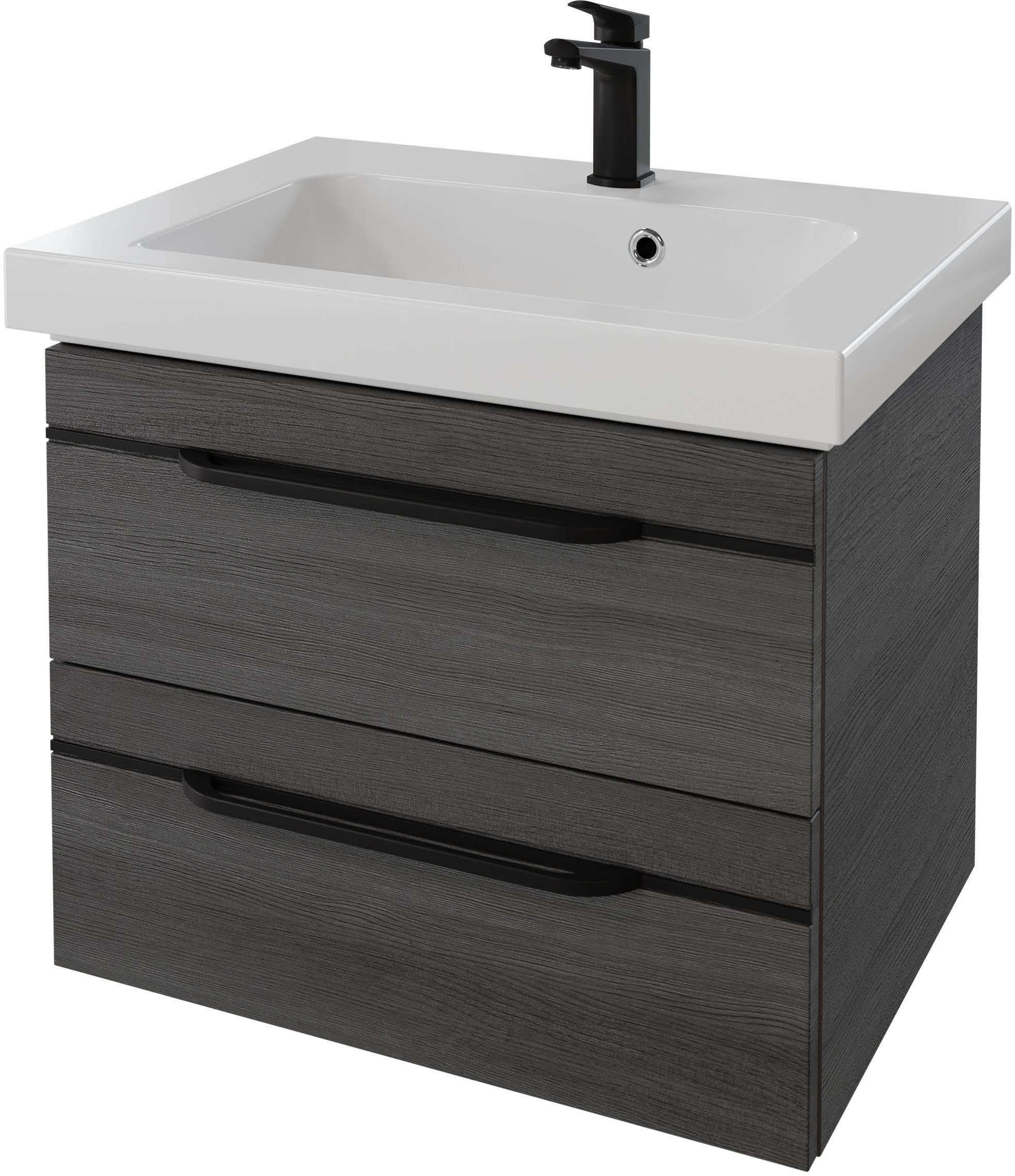 Saphir Badmöbel-Set Balto 2-teilig Mineralmarmor-Waschtisch mit LED-Spiegel, Waschplatz, (2-St), 64,4 cm breit, mit 2 Schubladen, Badschrank inkl. Schubladendämpfer