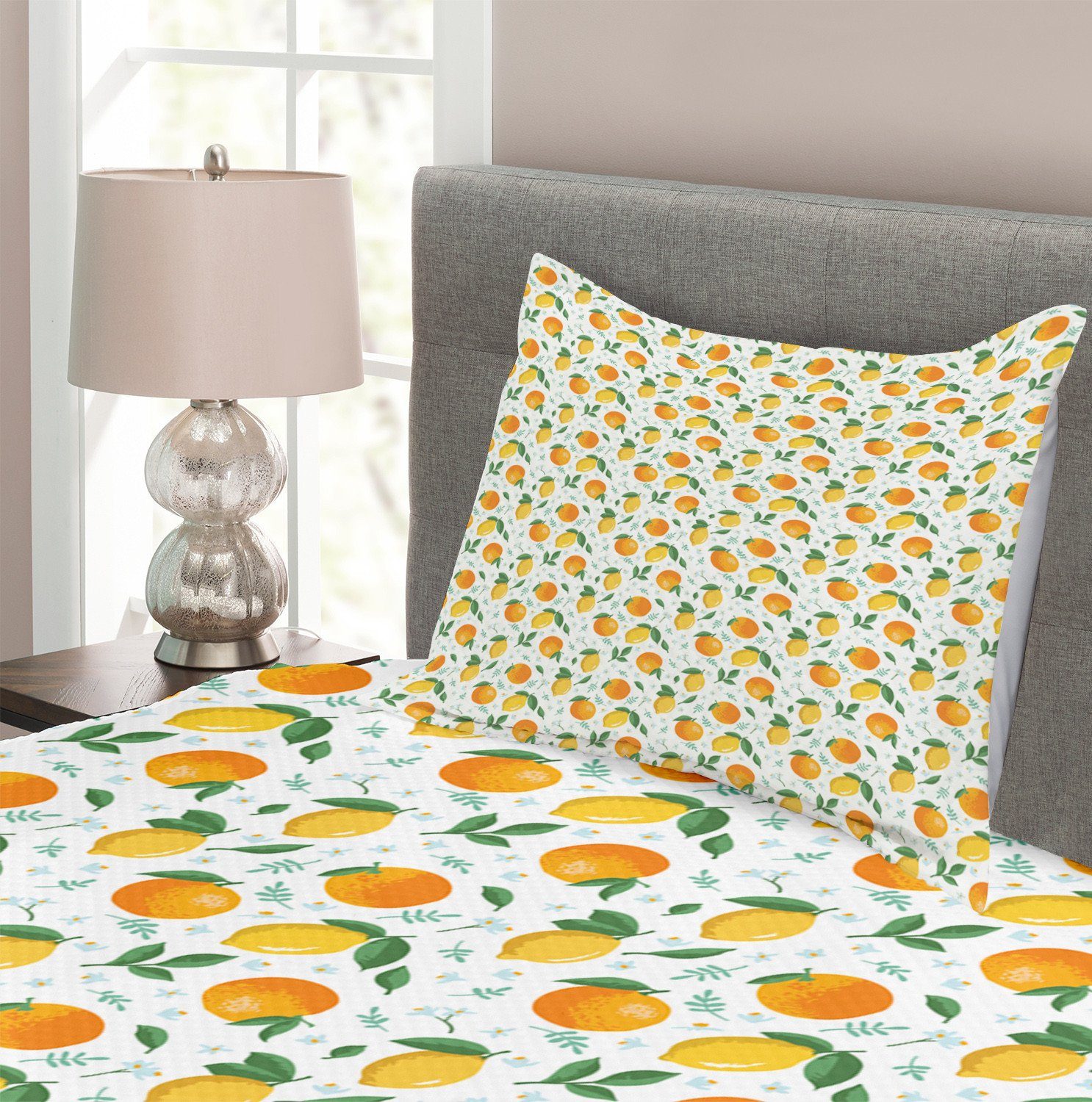Blumen Kissenbezügen und Waschbar, Set Tagesdecke mit Abakuhaus, Orangen Zitronen Zitrusgewächs