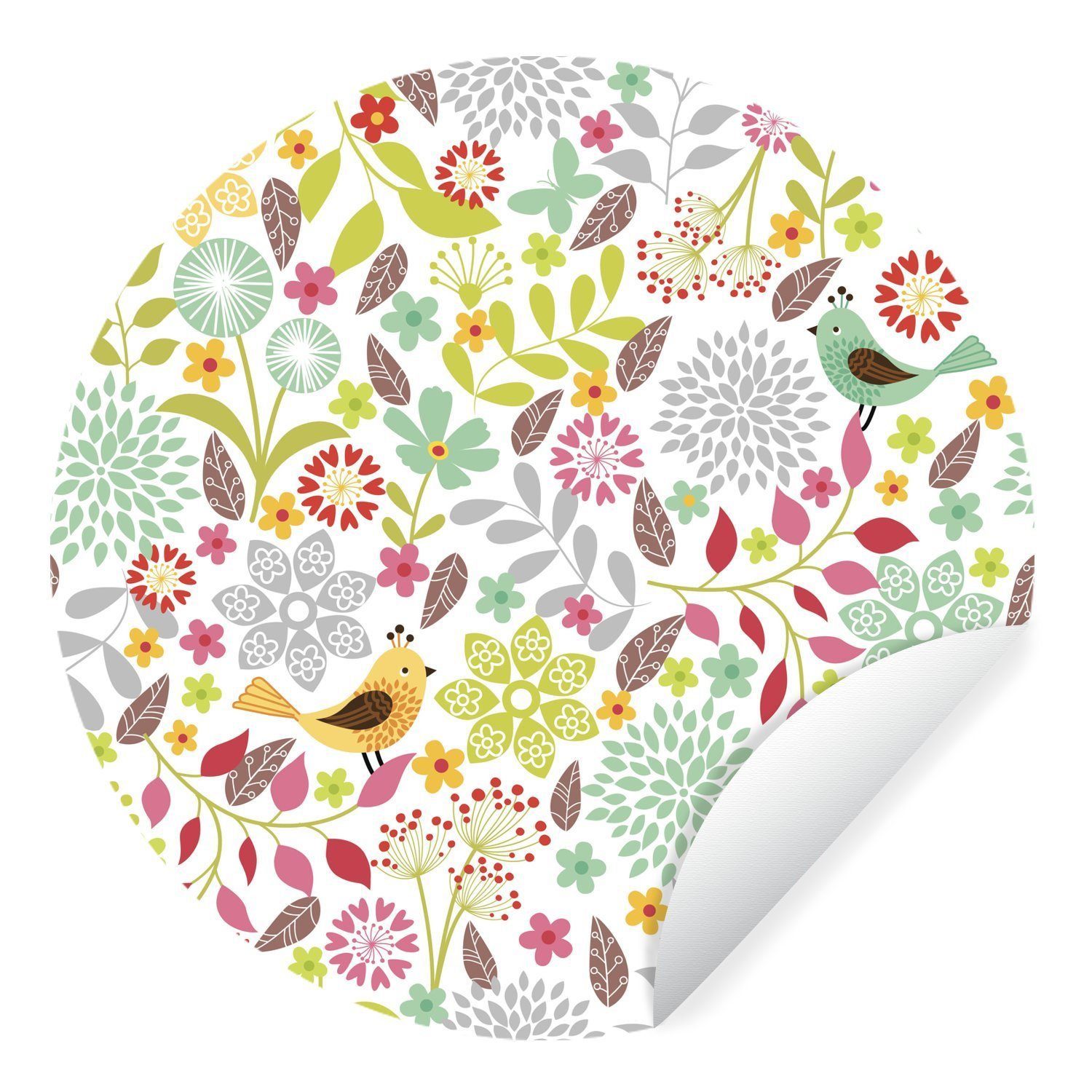 MuchoWow Wandsticker Illustration eines Blumenmusters mit Vögeln (1 St), Tapetenkreis für Kinderzimmer, Tapetenaufkleber, Rund, Wohnzimmer