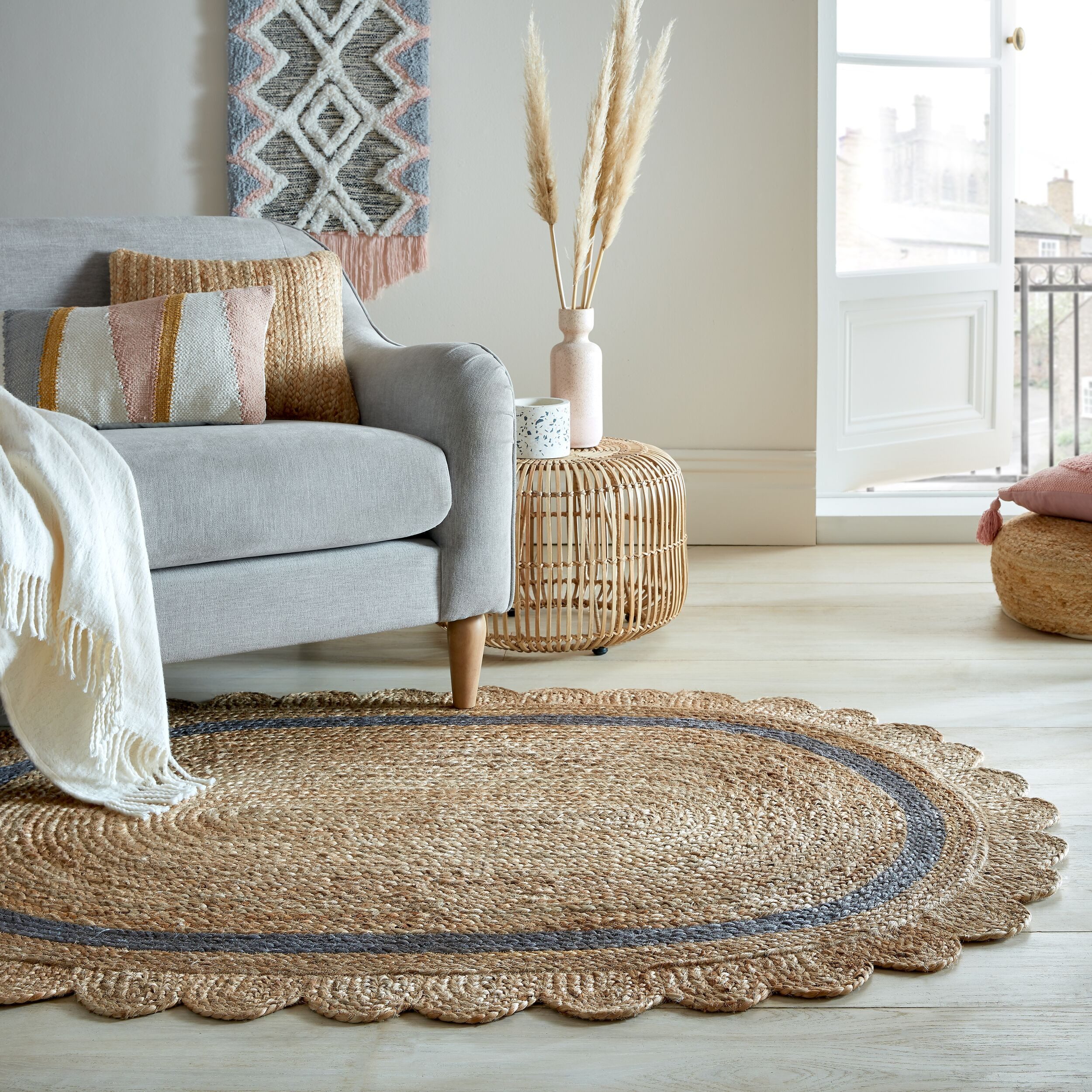 KADIMA DESIGN Teppich PLYM Teppich handgewebt zeitlos Naturfaser Jute 120x170 Braun-Grau, Oval, Höhe: 7 mm, Wohnzimmerteppich, robust, natürlich, Scallop-Rand, 3000 g/m², modern