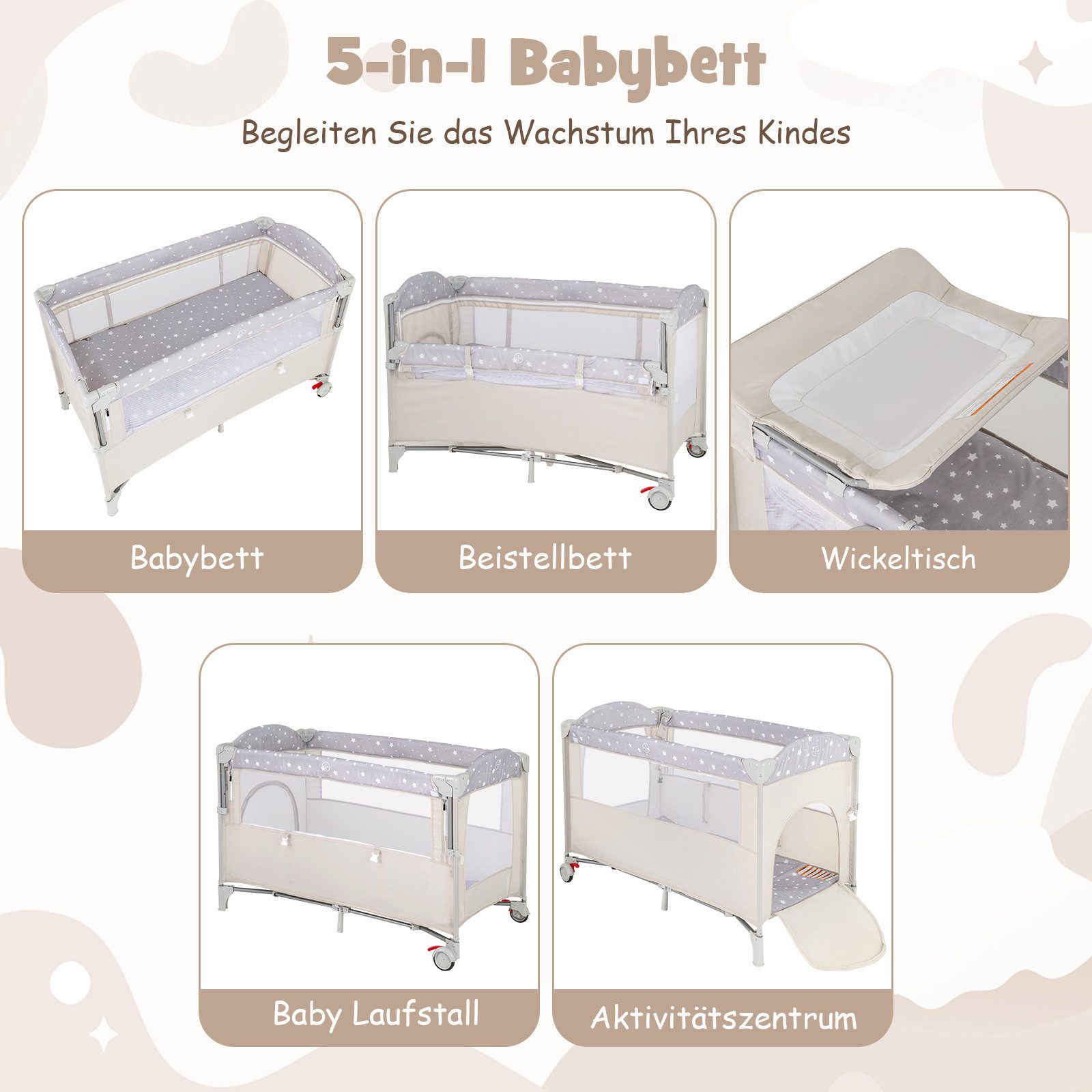 COSTWAY Baby-Reisebett 2 Ebenen 4 in 1 Babybett, mit Matratze & Spieluhr
