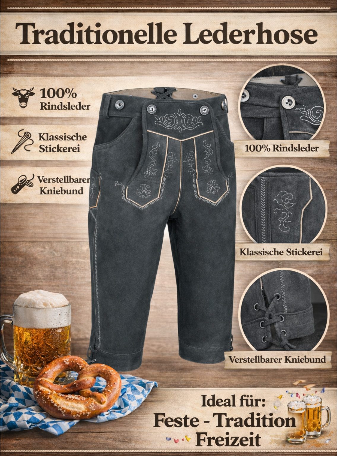 PAULGOS Trachtenhose Herren Lederhose Kniebund mit Trägern 100% Echtleder