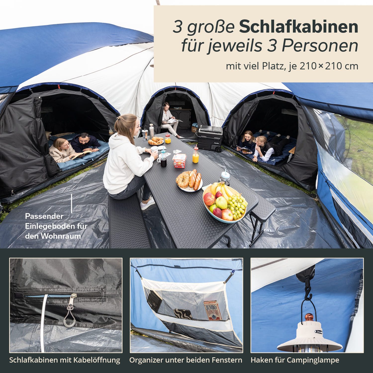 Skandika Kuppelzelt Korsika 9 Sleeper, Camping Zelt mit 3 Schlafkabinen, Sonnensegel, Personen: 9 (Moskitonetz am Eingang und an den Schlafkabinen, Robuste Tragetasche), 2 m Stehhöhe, Sleeper Technology, Verdunkelungen für die Fenster