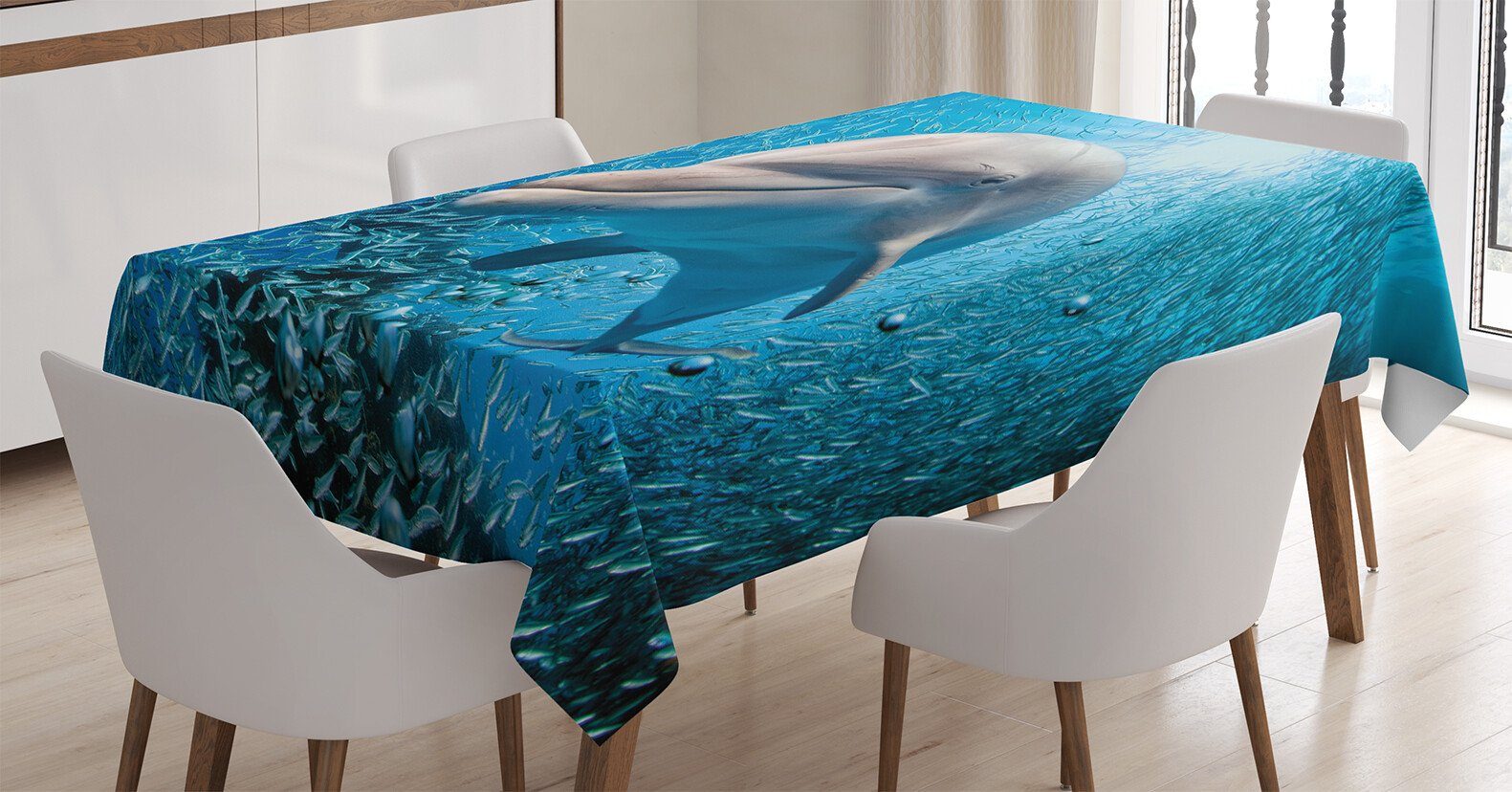 Abakuhaus Tischdecke Farbfest Waschbar Für den Außen Bereich geeignet Klare Farben, Fisch Dolphin in Ocean Marine