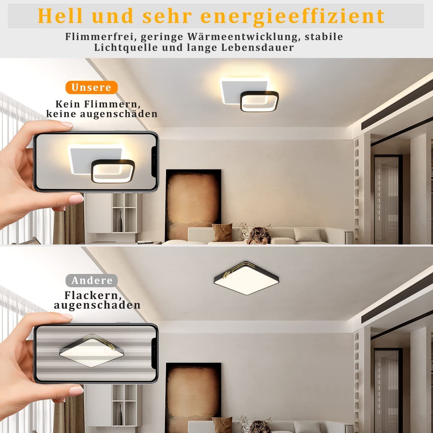 ZMH LED Deckenleuchte Modern Schwarz Warmweiß, 22W Acryl Design integriert, LED fest Eckig, Wohnzimmerlampe, Weiß