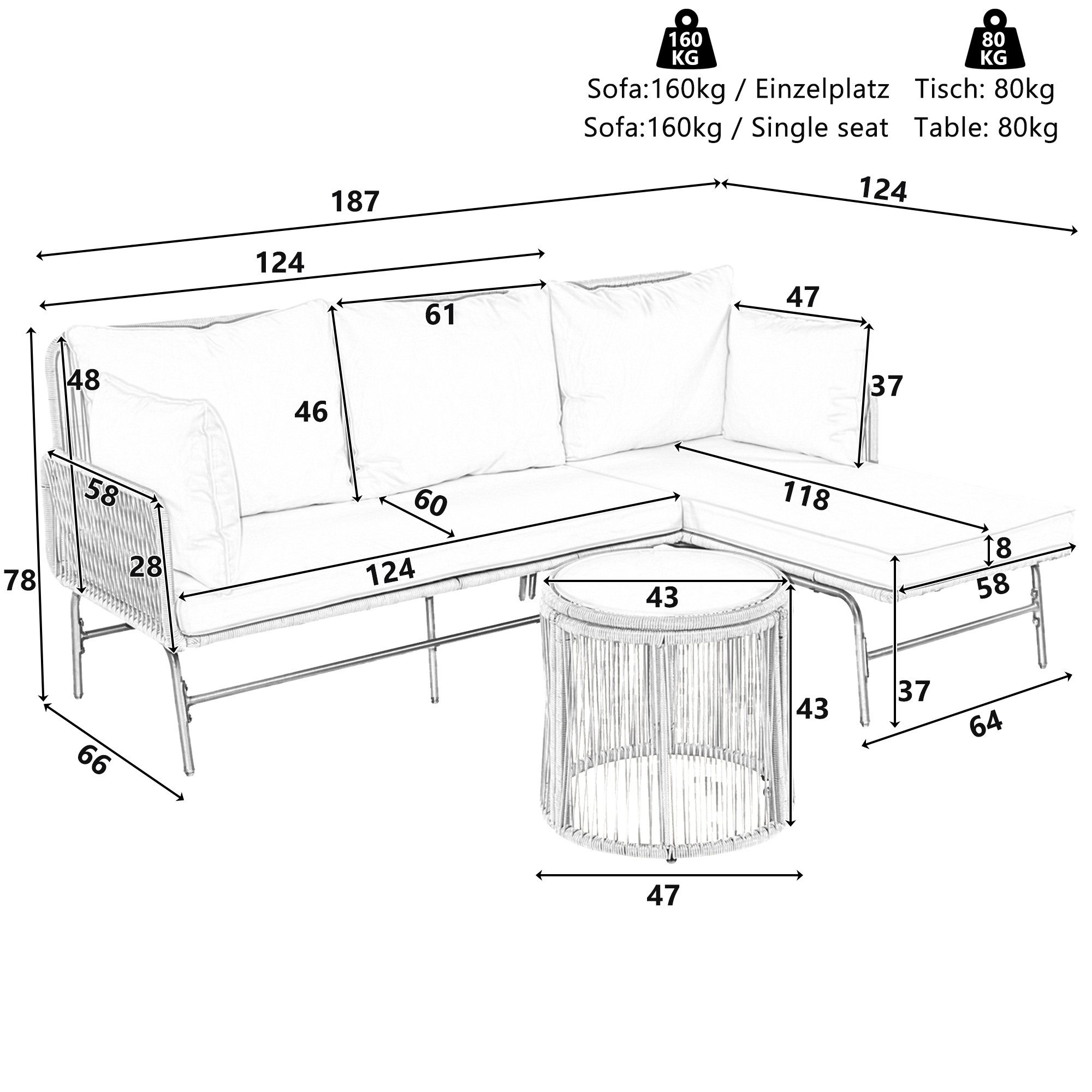 DOPWii Gartenlounge-Set Gartenlounge-Set, Gartenmöbel, Gartenlounge mit Eisengestell,Seilbezug, Gartenmöbel aus gewebtem Seil,L-förmiges Gesprächsset mit Tisch