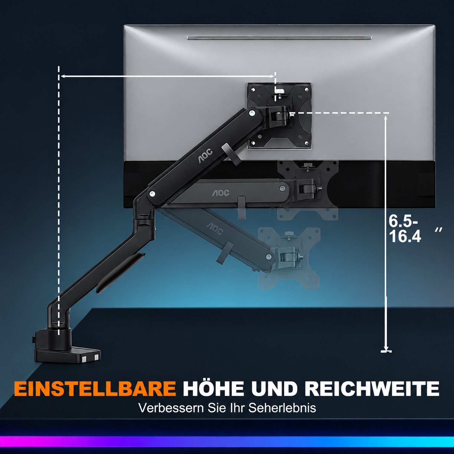 AOC Monitor-Halterung 17-32 Zoll, bis 9 kg, VESA 75x75-100x100,AM200, (bis 32 Zoll, Packung, neigbar,schwenkbar,drehbar,Gasdruckfeder,Kabelmanagement) – Bild 4 von 5