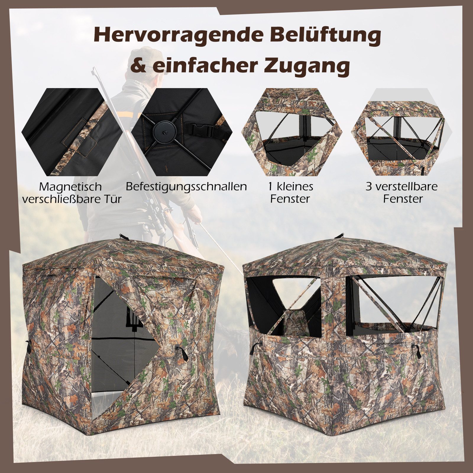COSTWAY Angelzelt, Personen: 3, Pop-Up Jagdzelt mit geräuschloser Magnettür