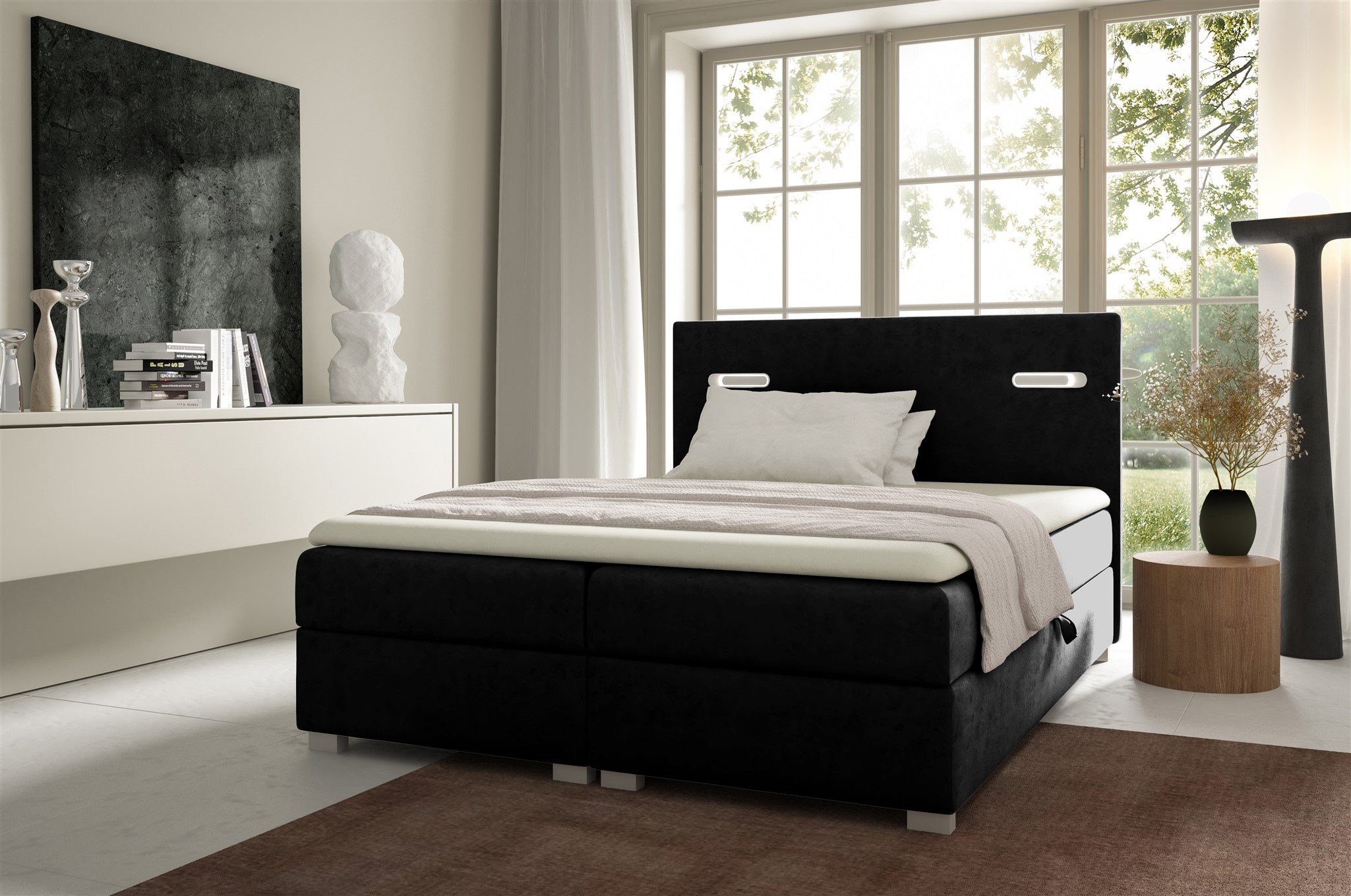 Fun Möbel Boxbett Schlafzimmerbett CAPRICE Überlänge in Stoff (inkl. 2 x Bettkasten und Topper, Ambiente-Beleuchtung mit Touch Funktion), Gepolstertes Kopfteil