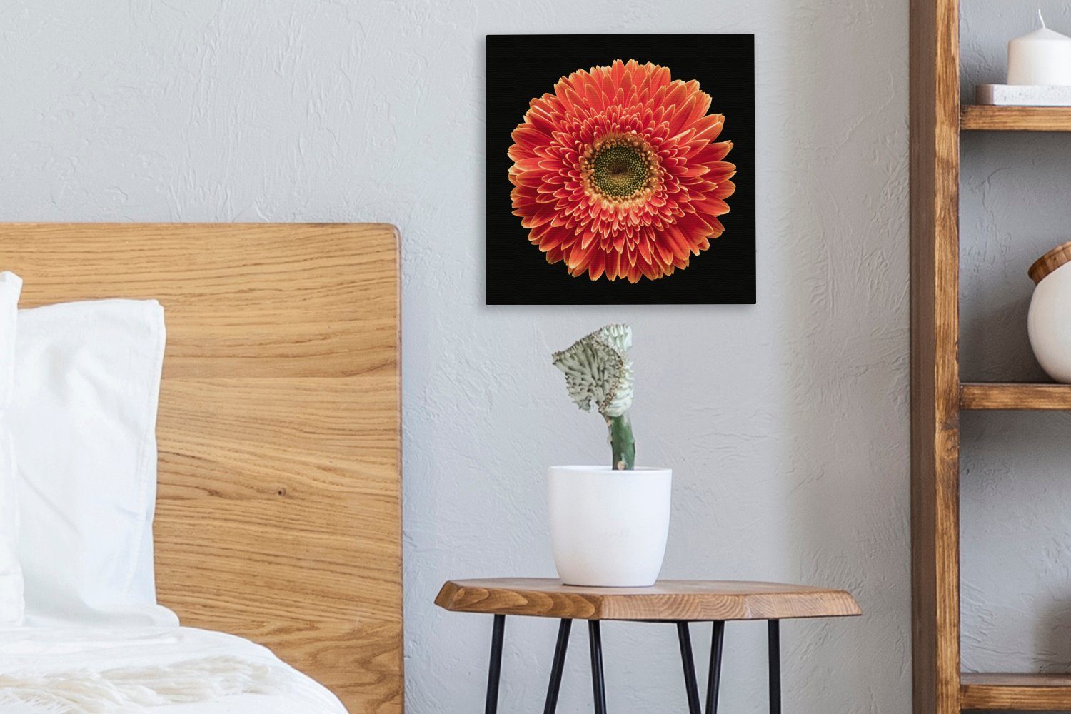 Wohnzimmer OneMillionCanvasses® Leinwand Schlafzimmer für Bilder vor Eine Hintergrund, schwarzem (1 St), Gerbera-Blüte Leinwandbild orangefarbene