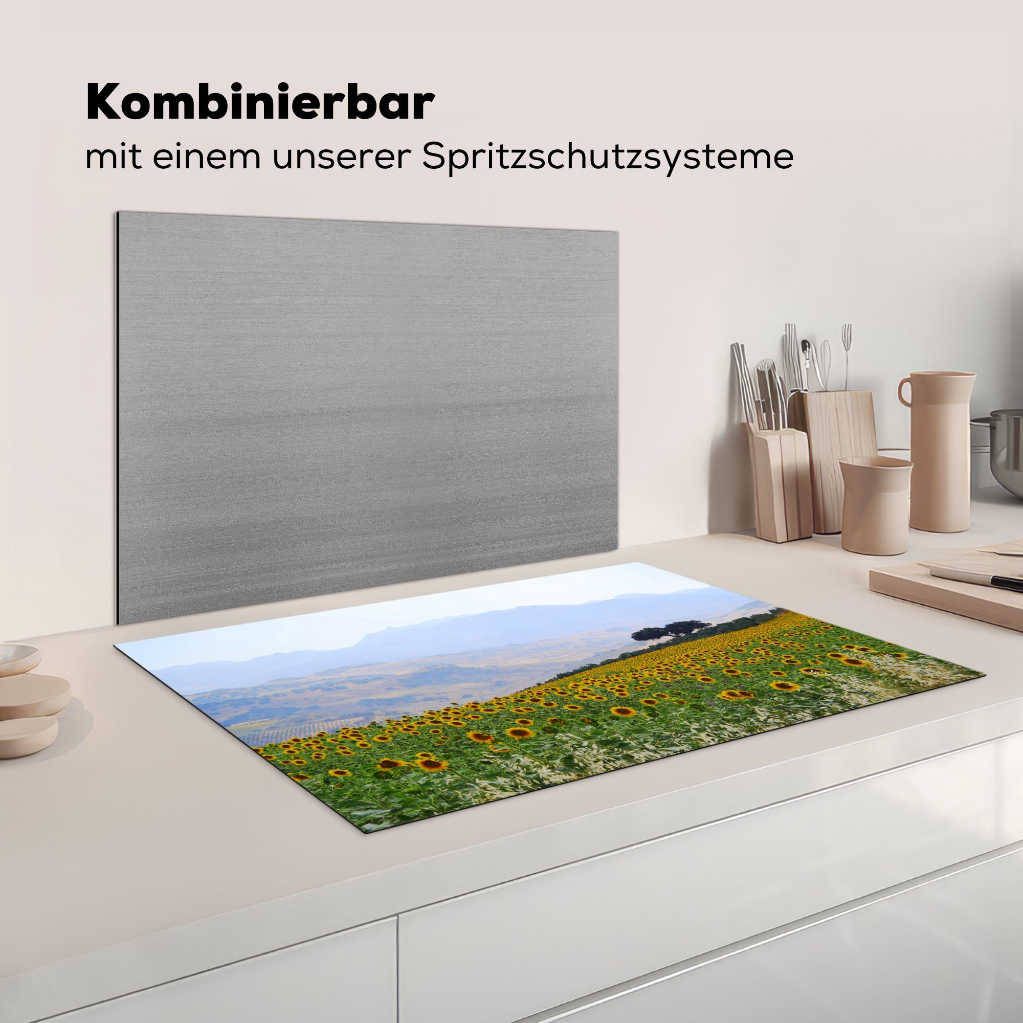 für einem Vinyl, auf die MuchoWow cm, 81x52 tlg), Spaniens, Schutz die Ceranfeldabdeckung Landschaft küche, und Feld Sonnenblumen Herdblende-/Abdeckplatte Induktionskochfeld (1